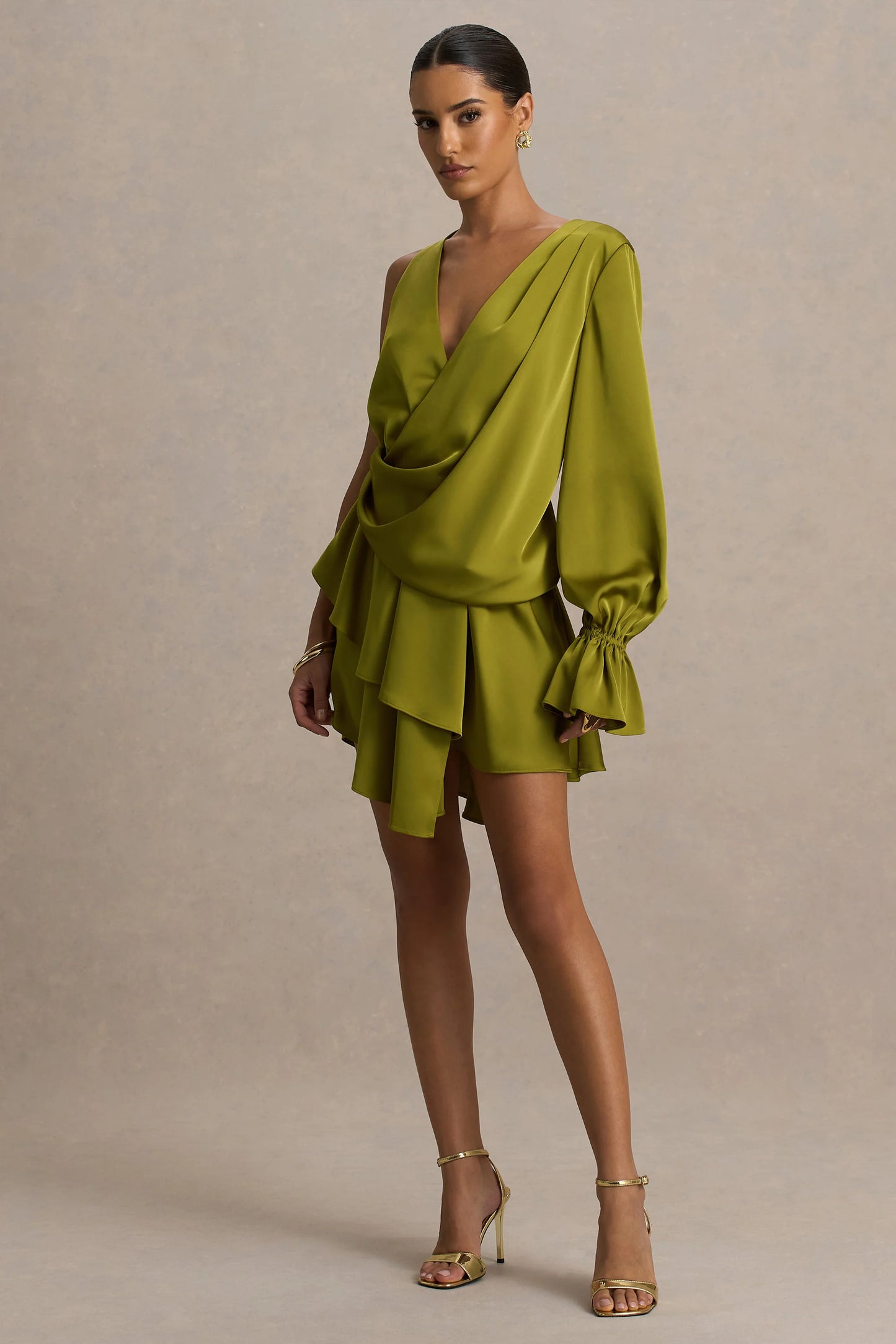 Cara Olive Satin Plunge-Neck Micro-Mini Dress With Long Sleeve
