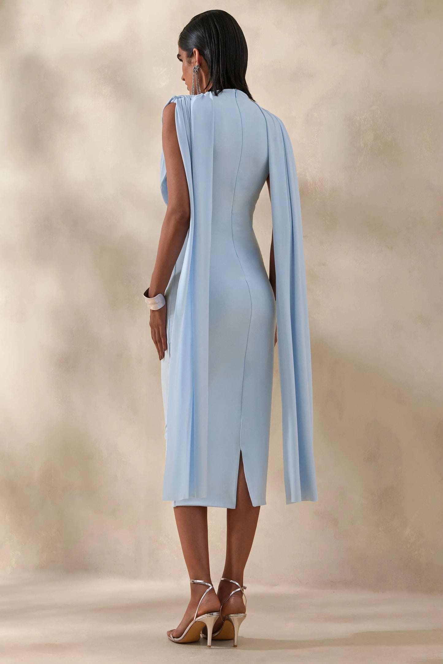 Lysandria Powder Blue High-Neck Midi Dress With Draped-Detailing