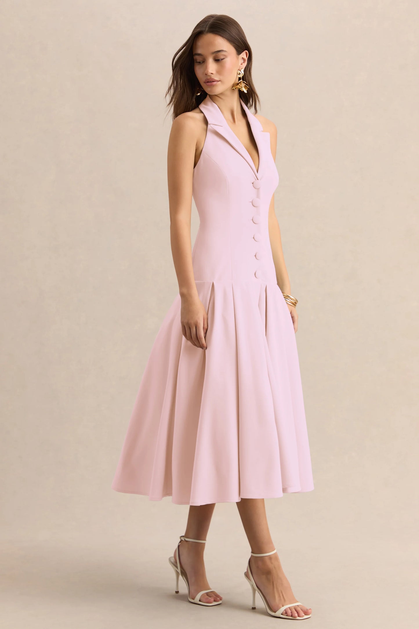 Elise Light Pink Plunge-Neck Midi Dress With Drop-Waist