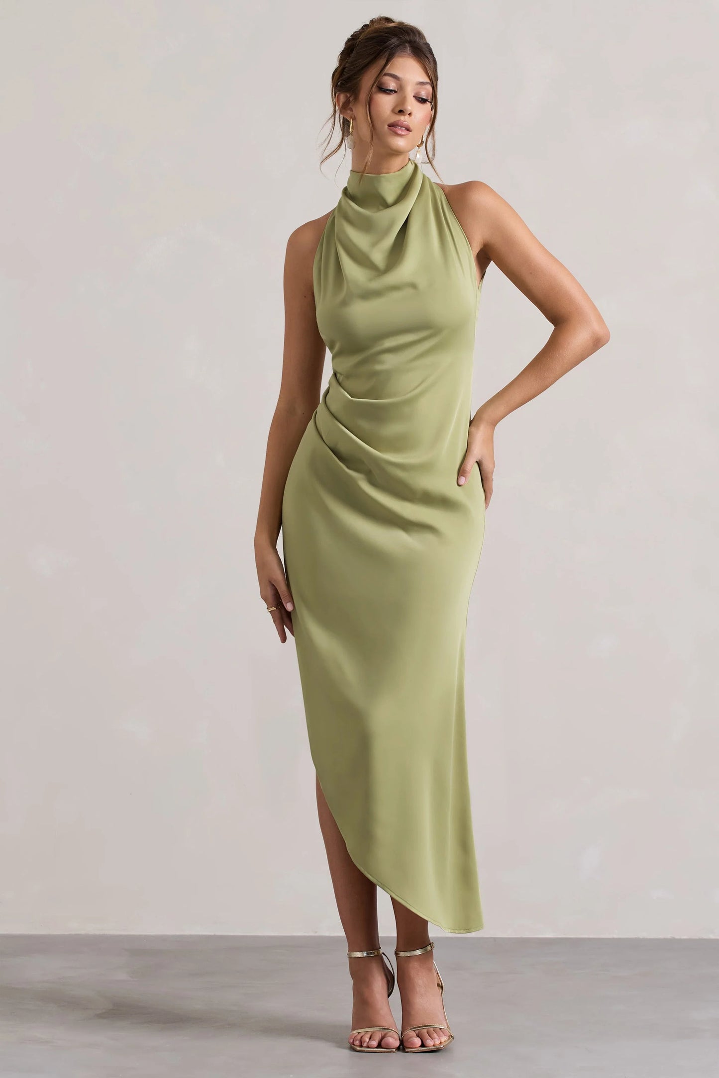 Sophina Light Olive Satin Cowl-Neck Asymmetric Midi Dress