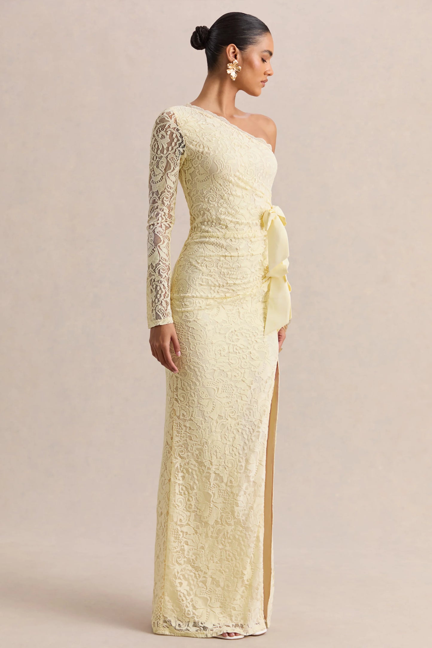 Norna Lemon Lace Asymmetric-Neck Maxi Dress With Cut-Out And Bow Details