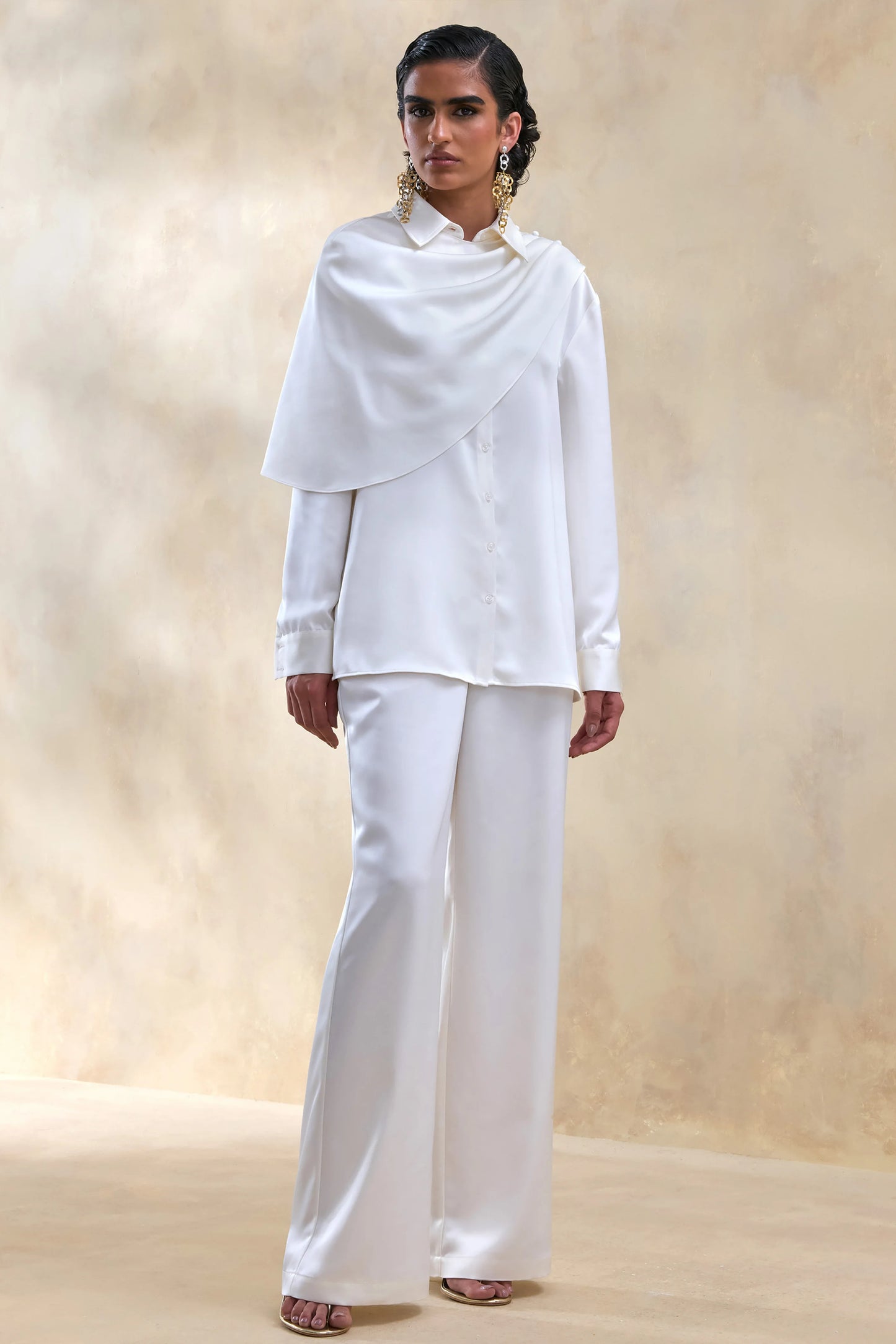 Ilena Cream Satin Wide-Leg Trouser