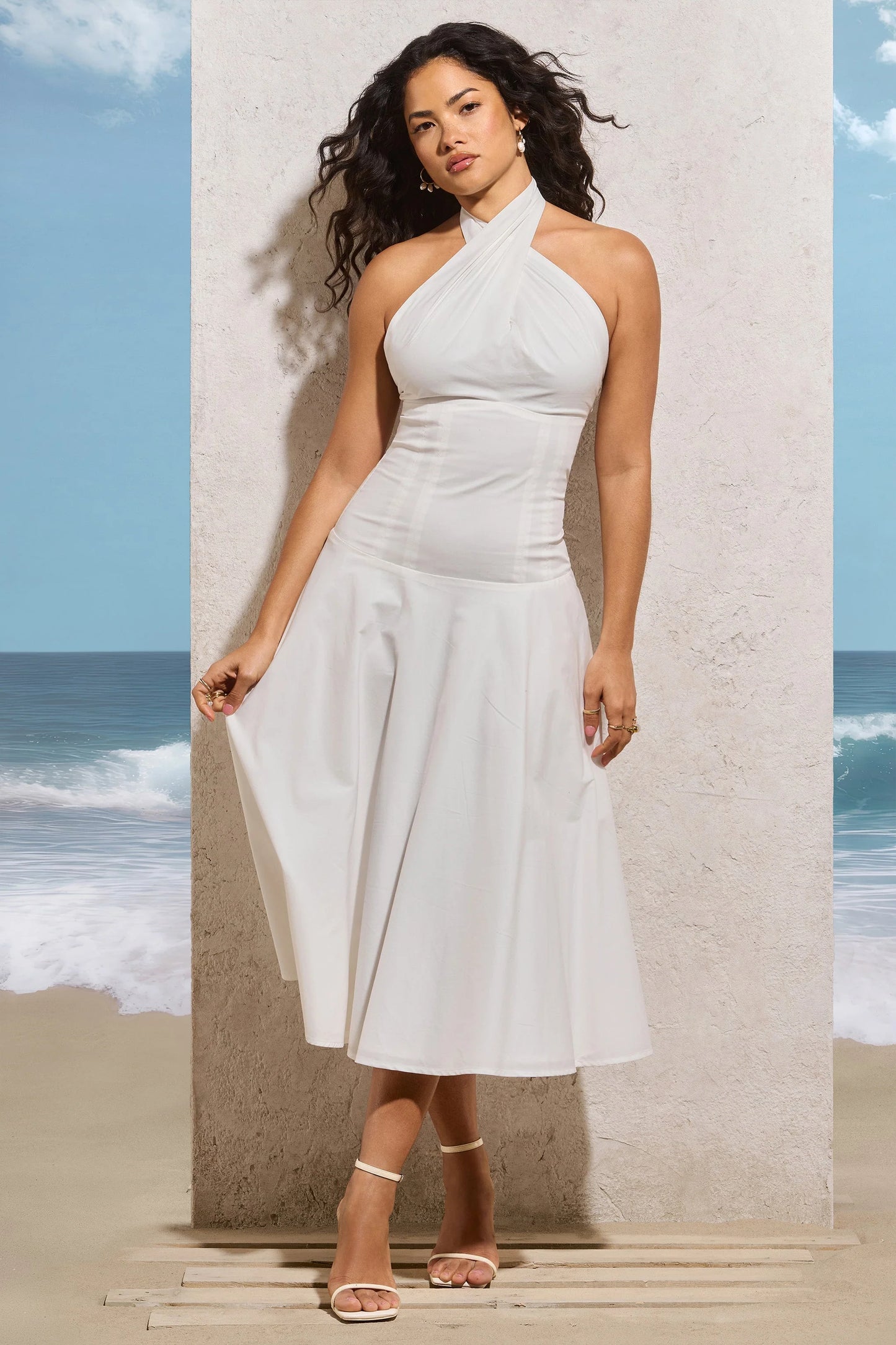 Saint-Malo White Halter-Neck Midi Dress