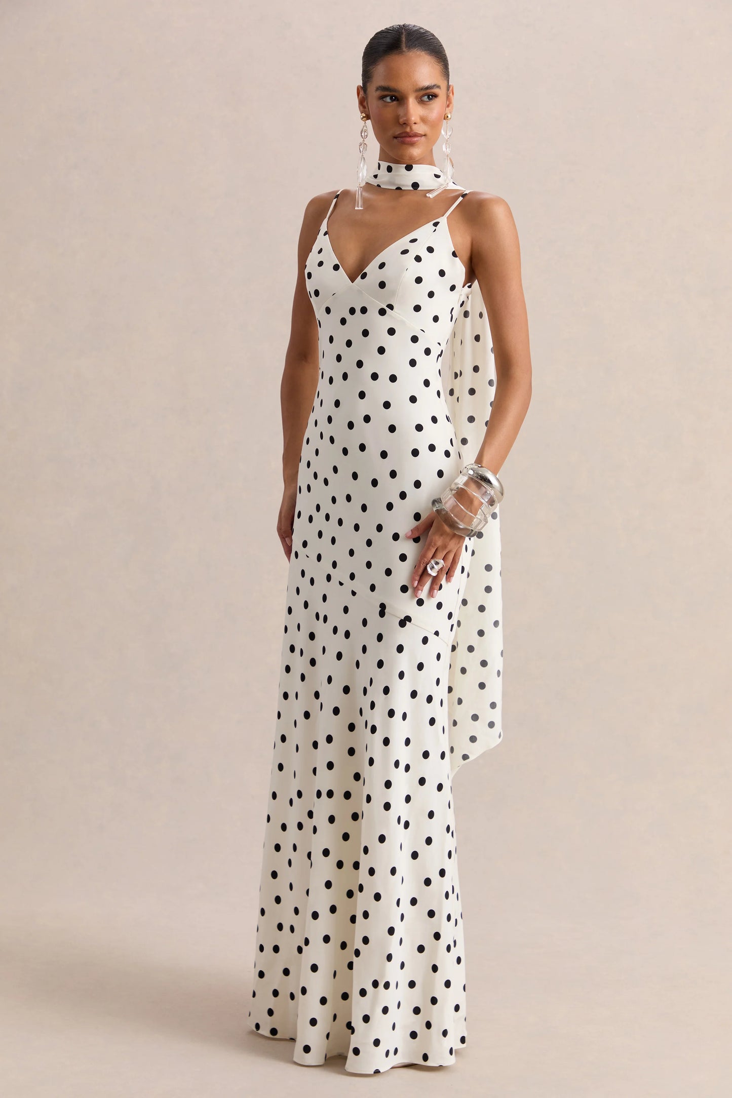 Starling White & Black Polka Dot Matte Satin Plunge-Neck Maxi Dress With Scarf-Detail