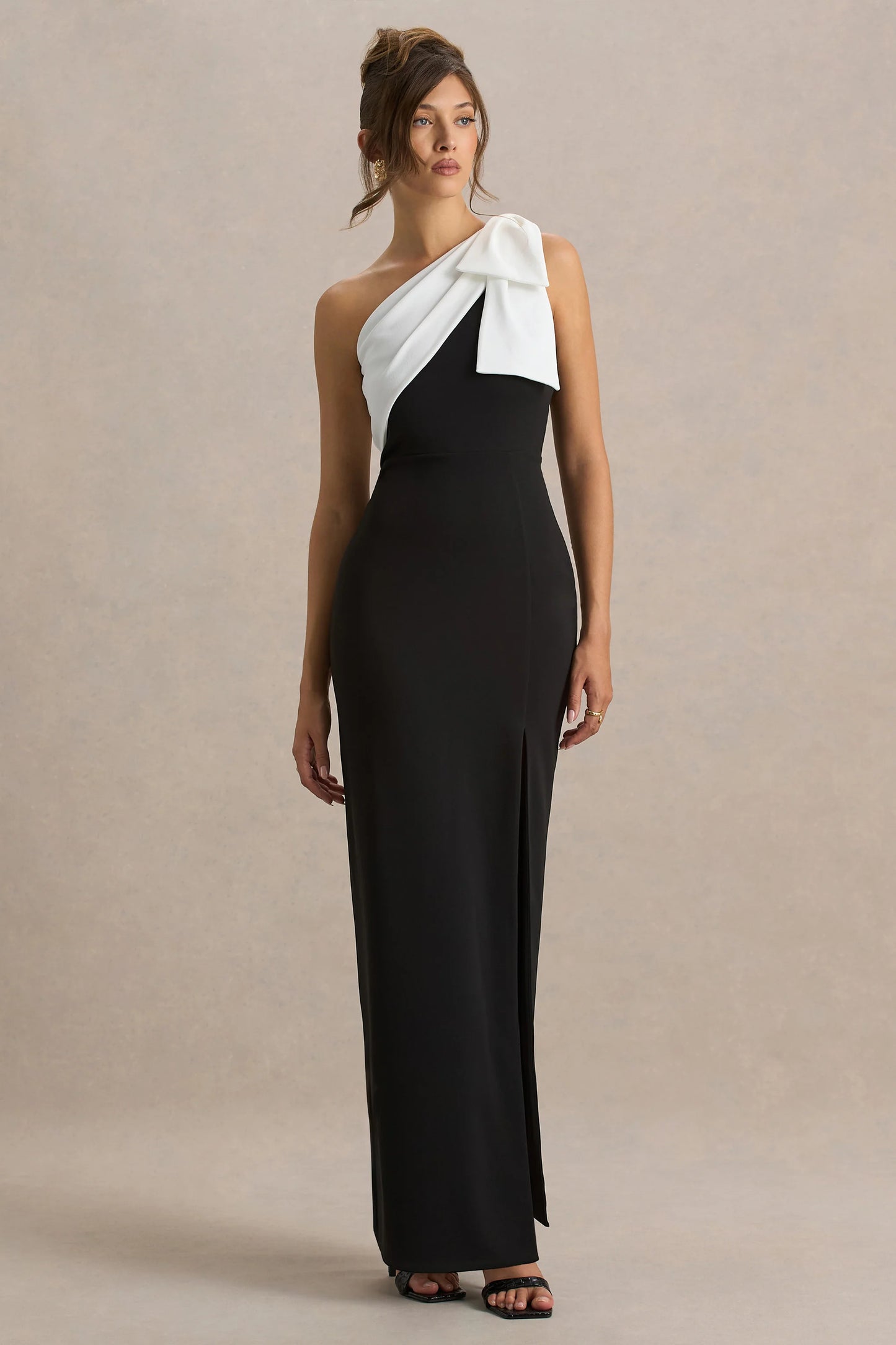 Kiri Black & White One-Shoulder Bow Maxi Dress
