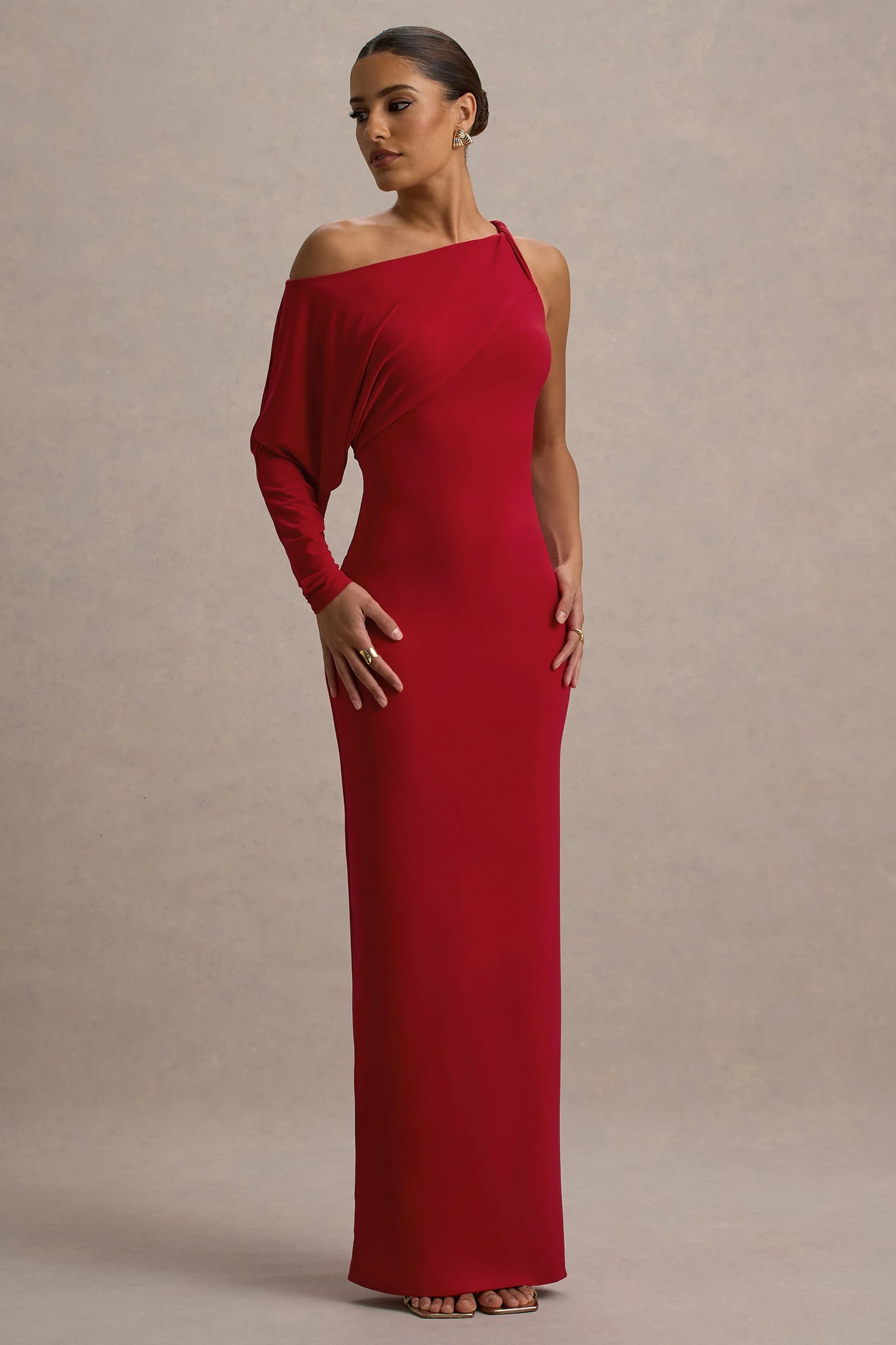 Floria Red Draped One-Sleeve Maxi Dress