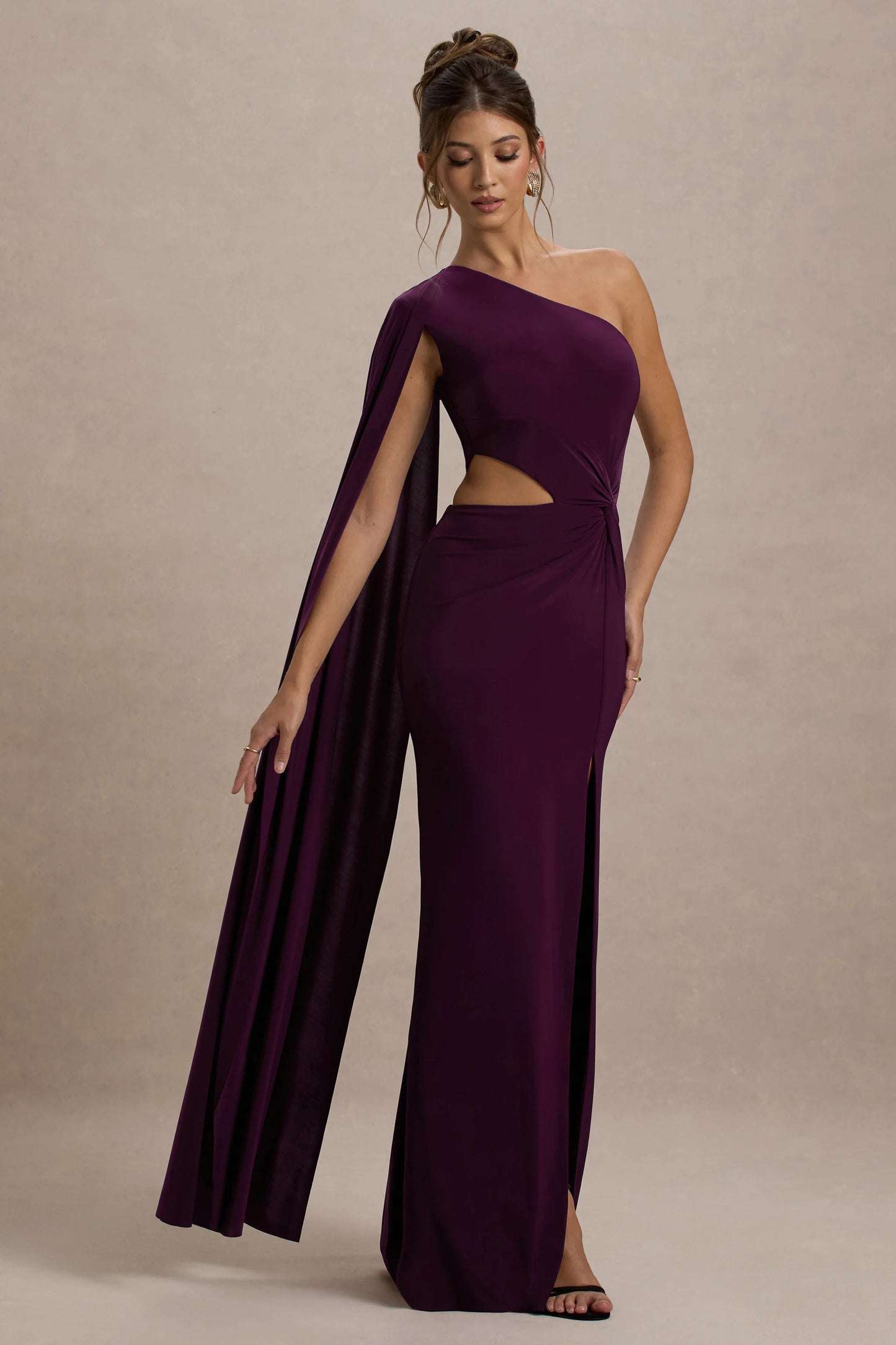Brona Plum One-Shoulder Cape-Sleeve Split Maxi Dress