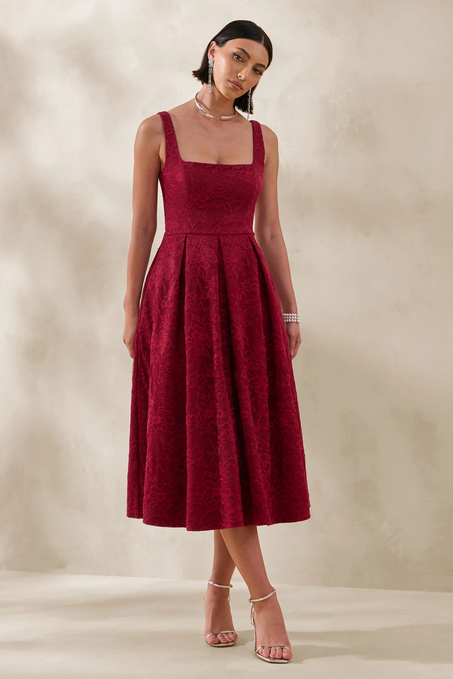 Ashmara Burgundy Lace Square-Neck Midi Dress