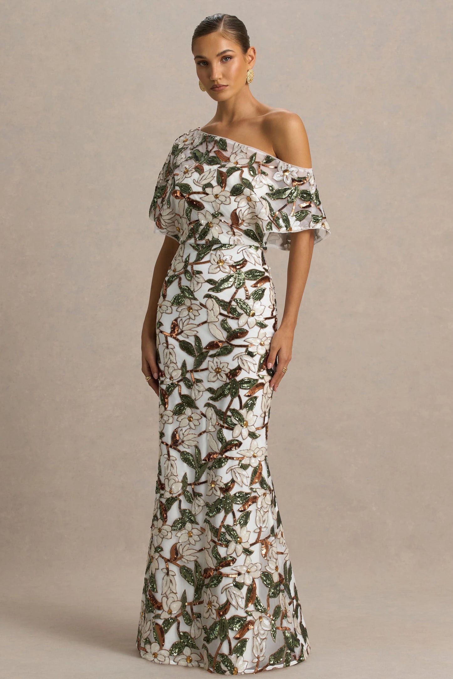 Iony White And Green Embellished Sequin Floral And Mesh Asymmetric-Neck Maxi Dress