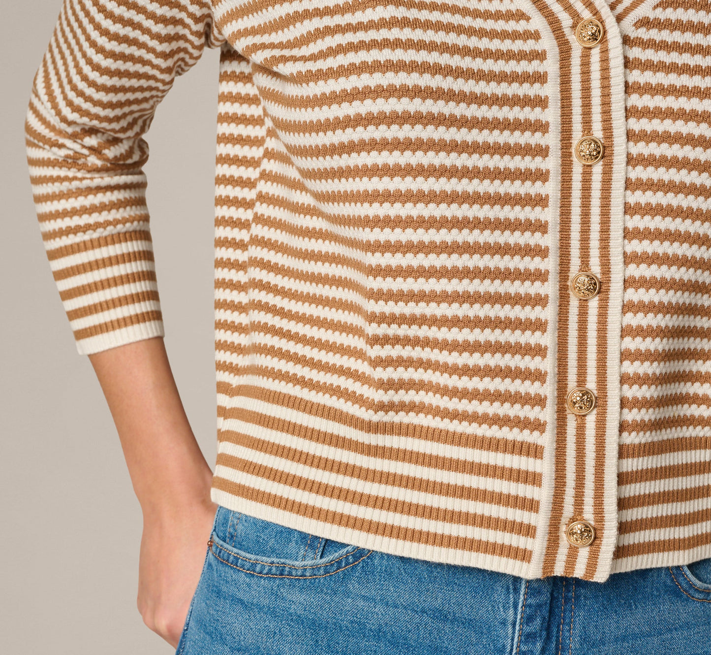 V Neck Button Front Cardigan Sweater In Ivory Camel