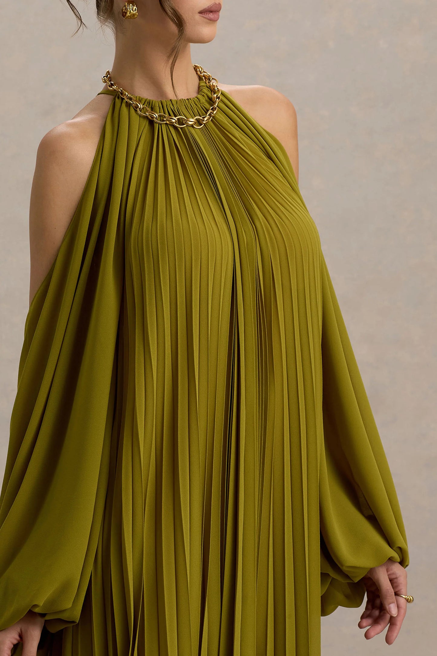 Reyna Olive Pleated Chiffon Cold-Shoulder Maxi Dress