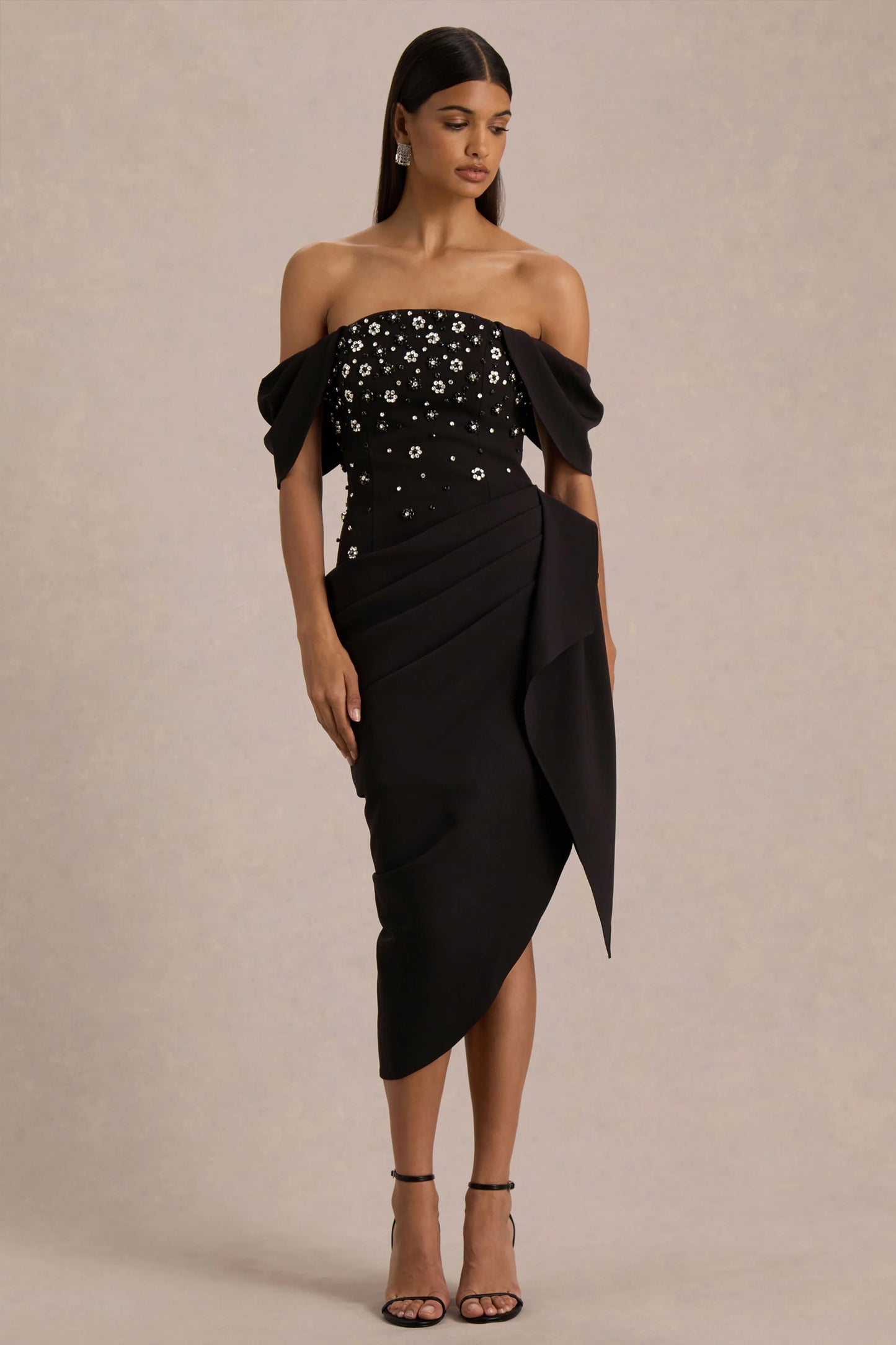 Sylvia Black Hand-Embellished Bardot-Neck Midi Dress With Draped Satin-Wrap Skirt