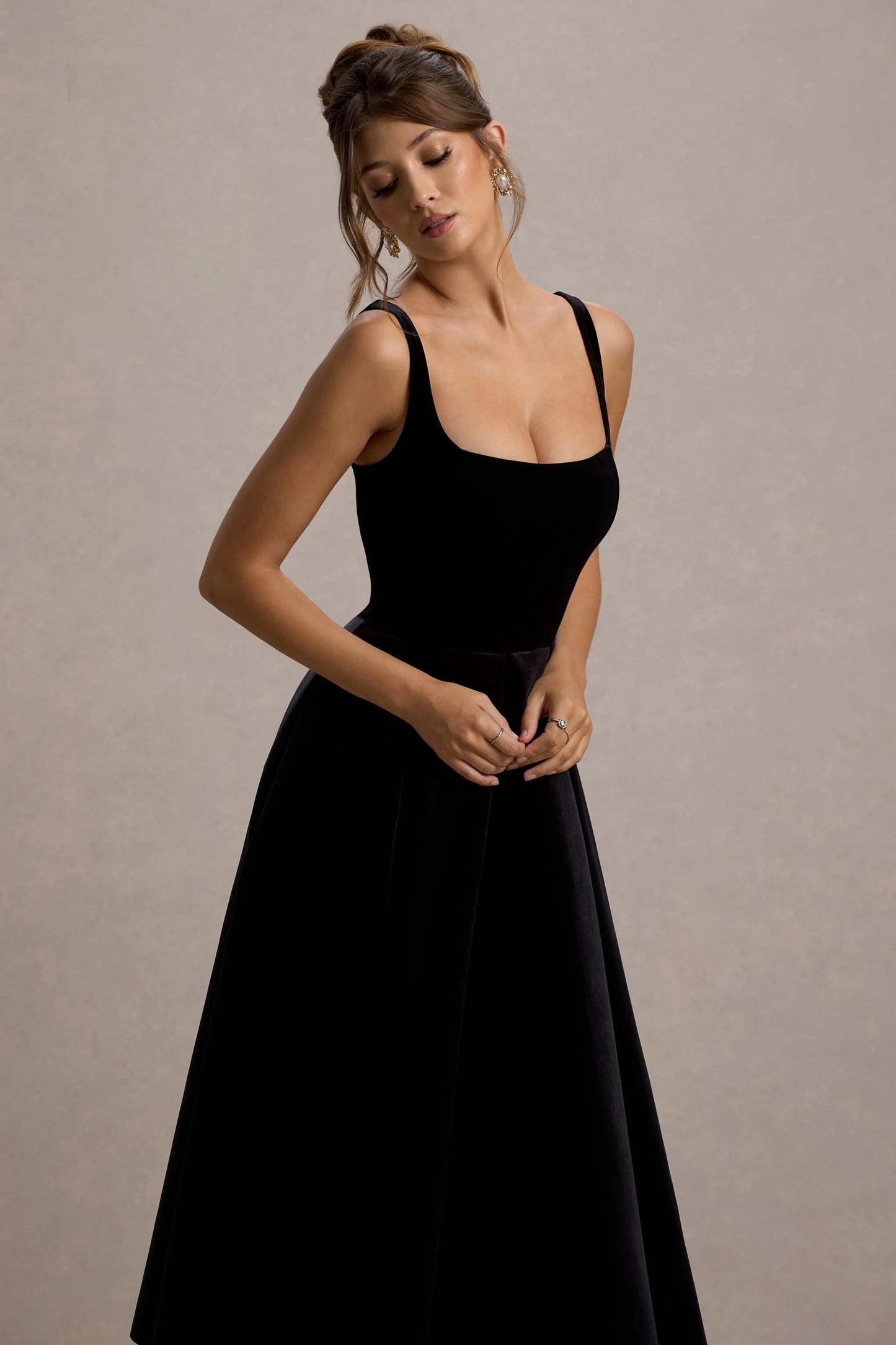 Francisca Black Velvet Strappy Volume-Hem Midi Dress