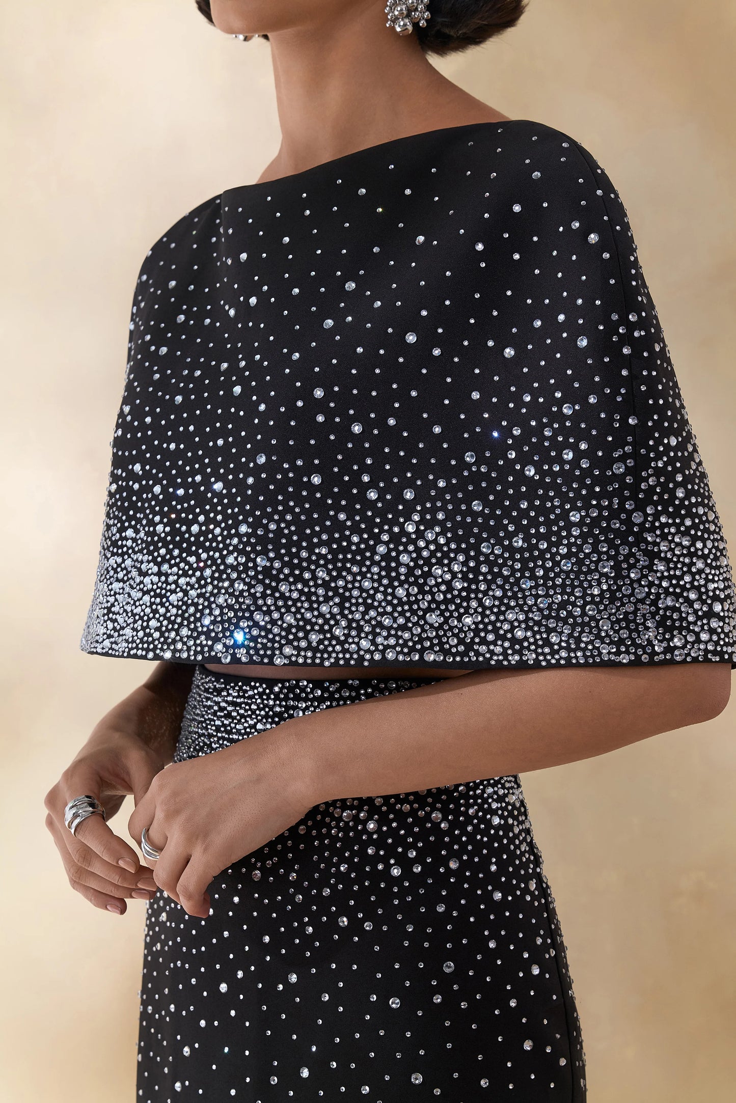 Luxy Black Embellished Boat-Neck Crop-Top With Cape-Sleeves