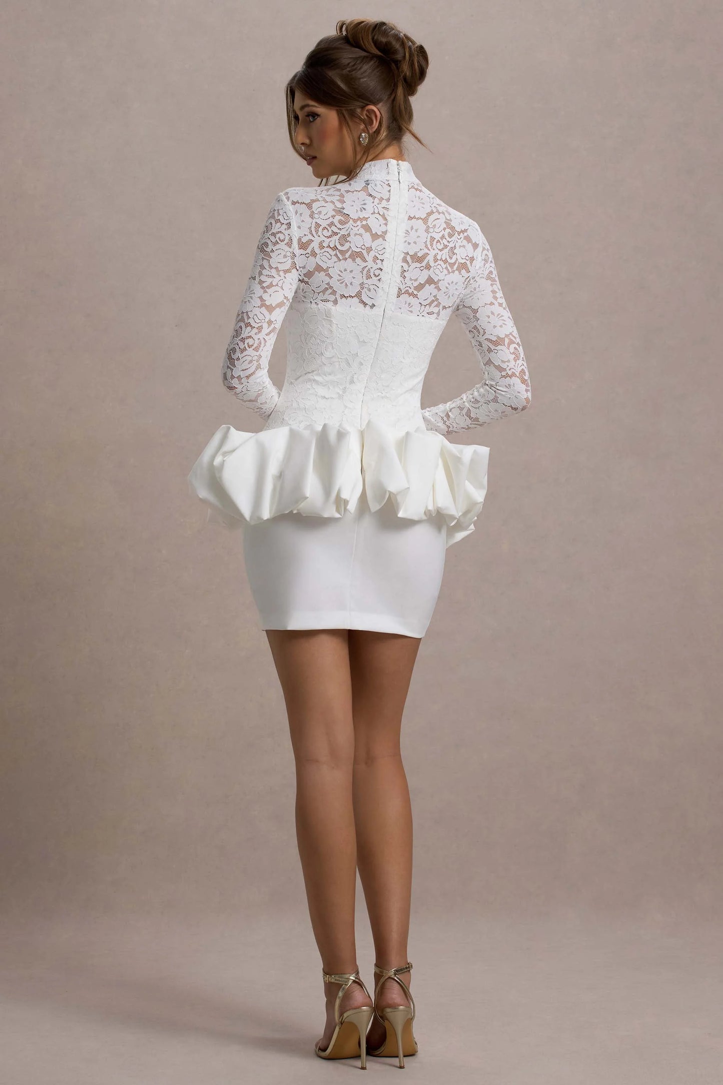 Antheia White Lace Long-Sleeve Peplum Mini Dress