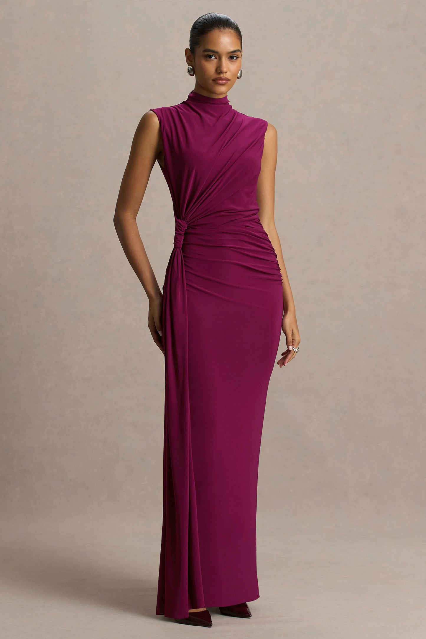 Solene Burgundy High-Neck Maxi Dress With Wrap And Drape Detail