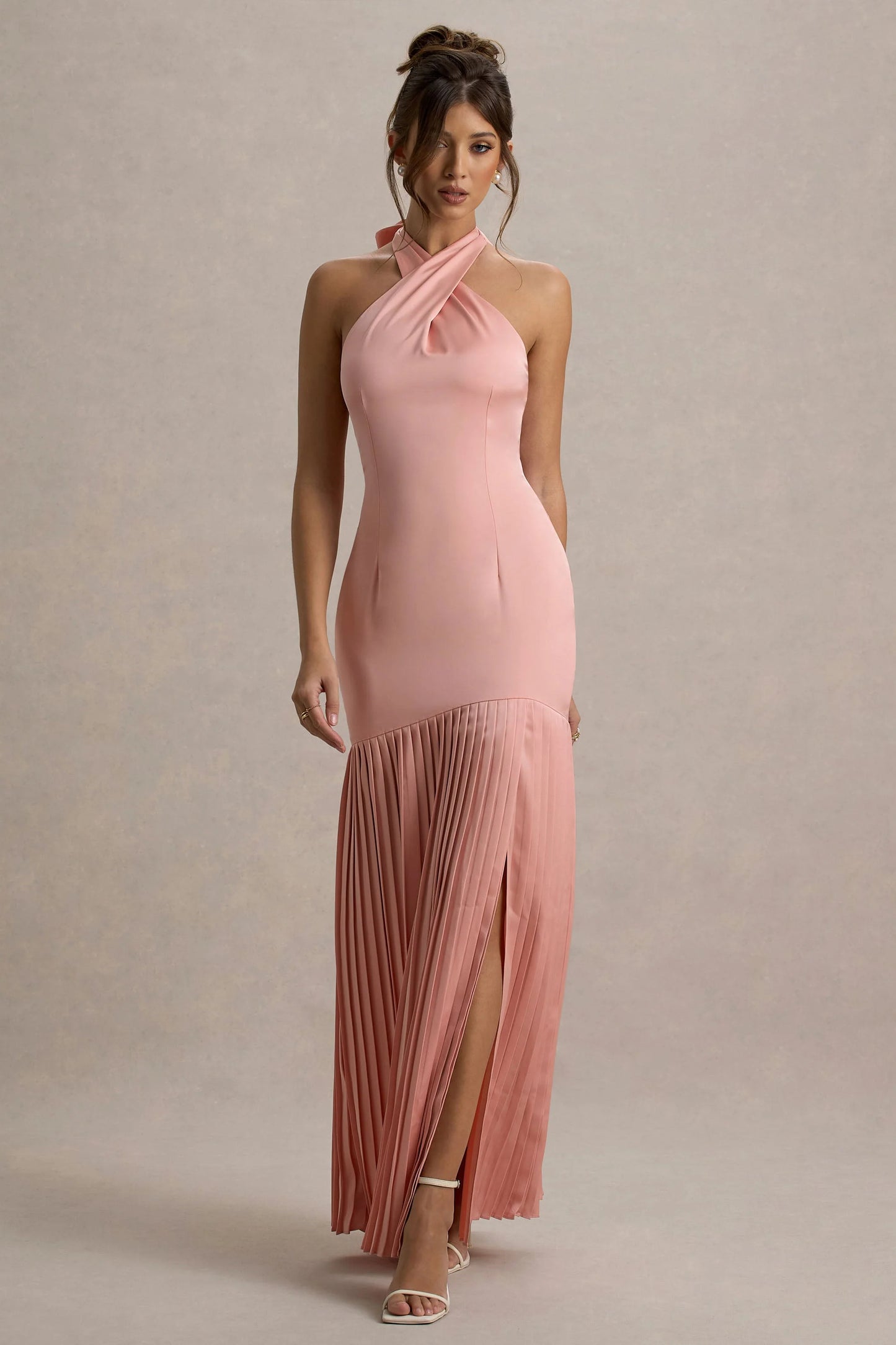 Sansa Light Pink Satin Cross Halter-Neck Plisse Maxi Dress