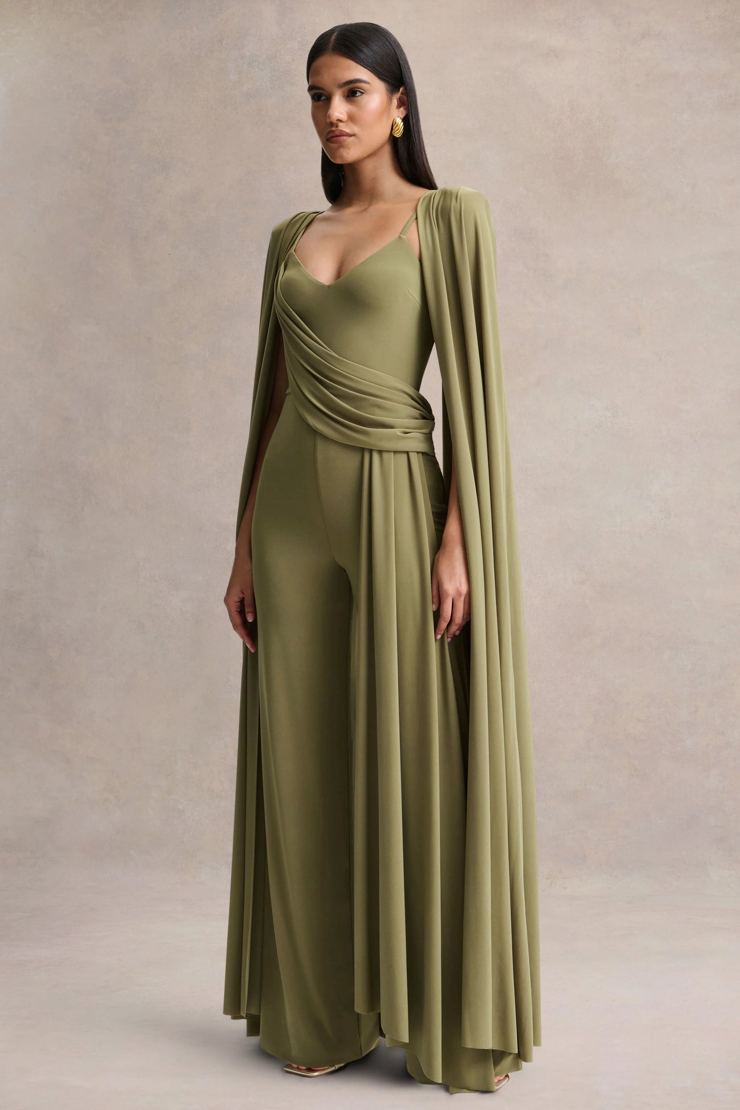Labina Green Plunge-Neck Jumpsuit With Cape-Sleeves