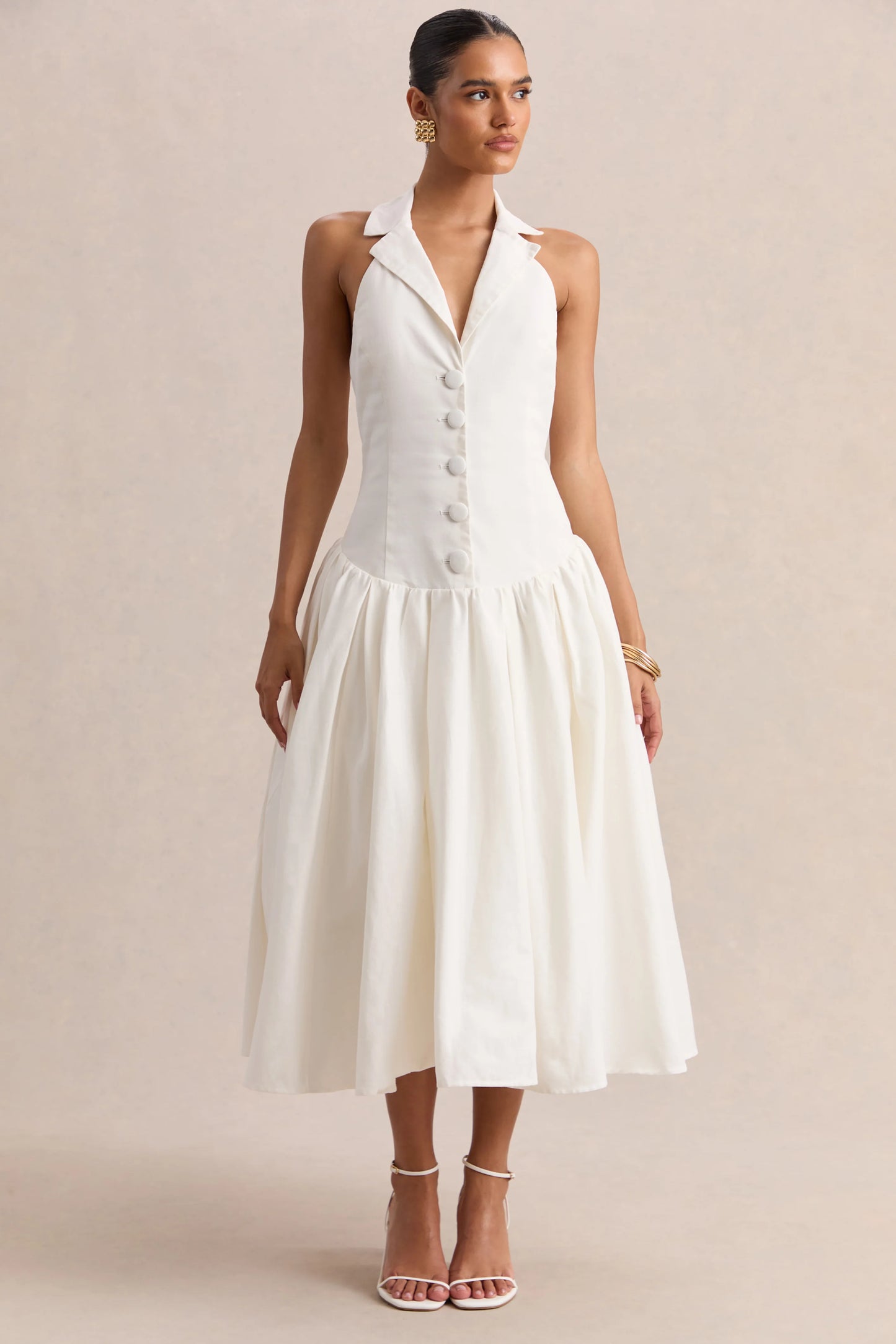 Ella White Plunge-Neck Midi Dress With Drop-Waist