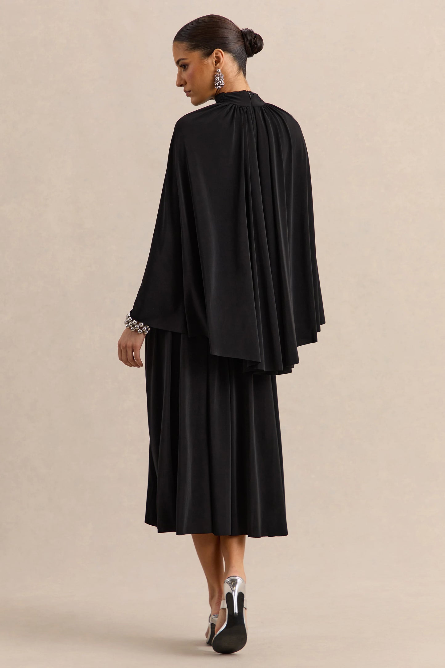 Honora Black High-Neck Midi Dress With Cape-Sleeves