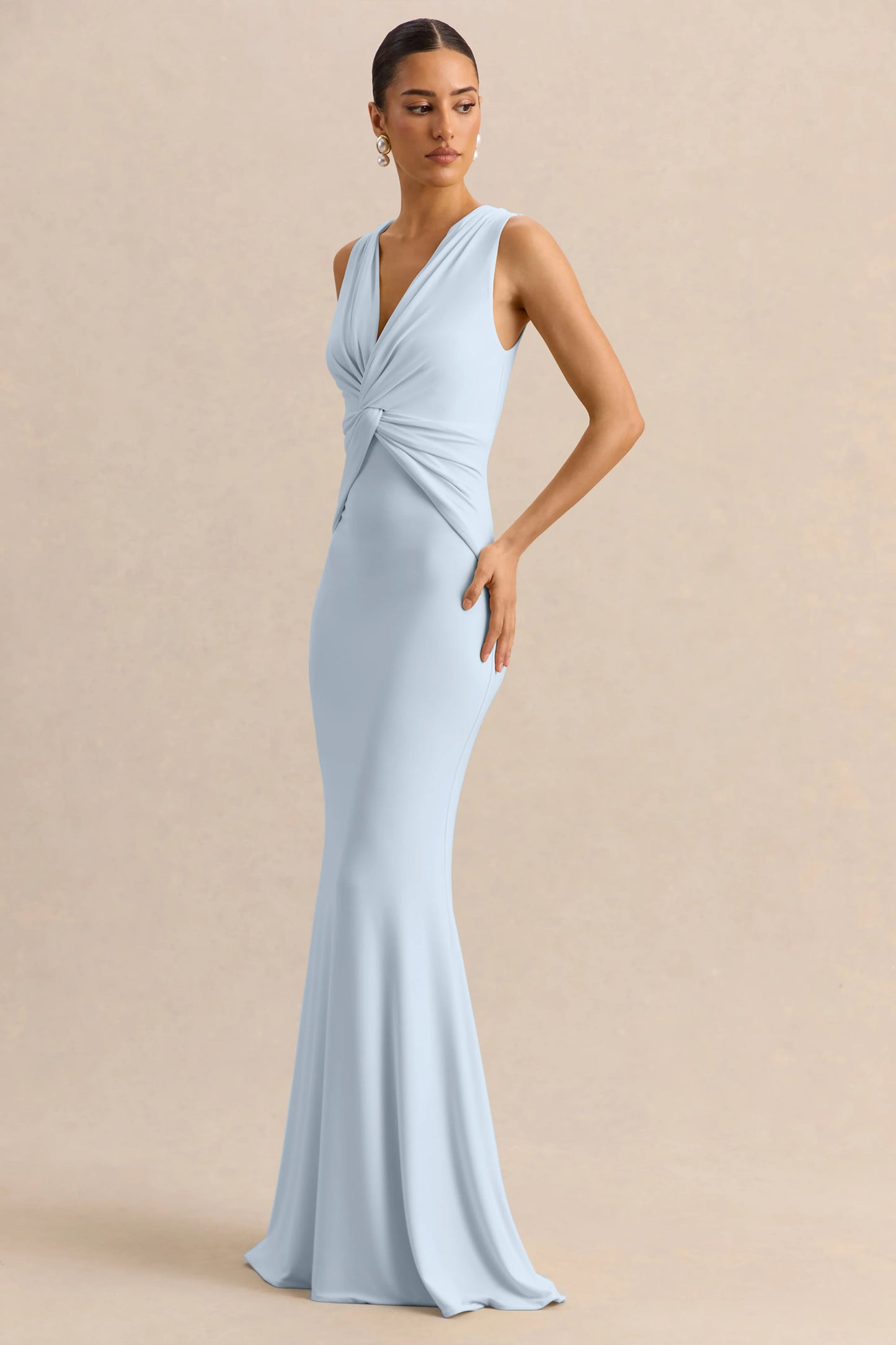 Holly Powder Blue Plunge-Neck Maxi Dress With Twist-Detail