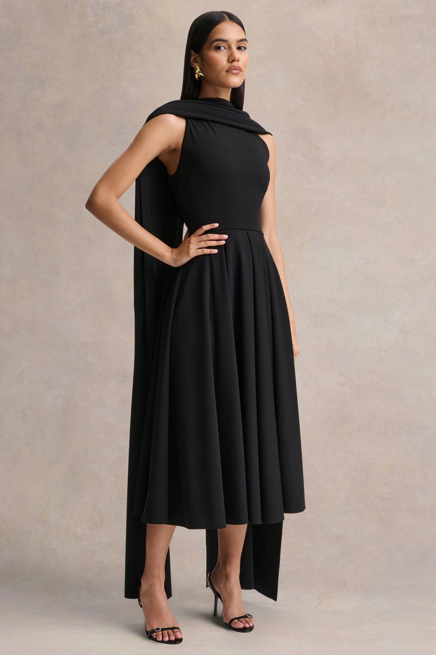Nova Black High-Neck Midi Dress With Cape-Sleeves