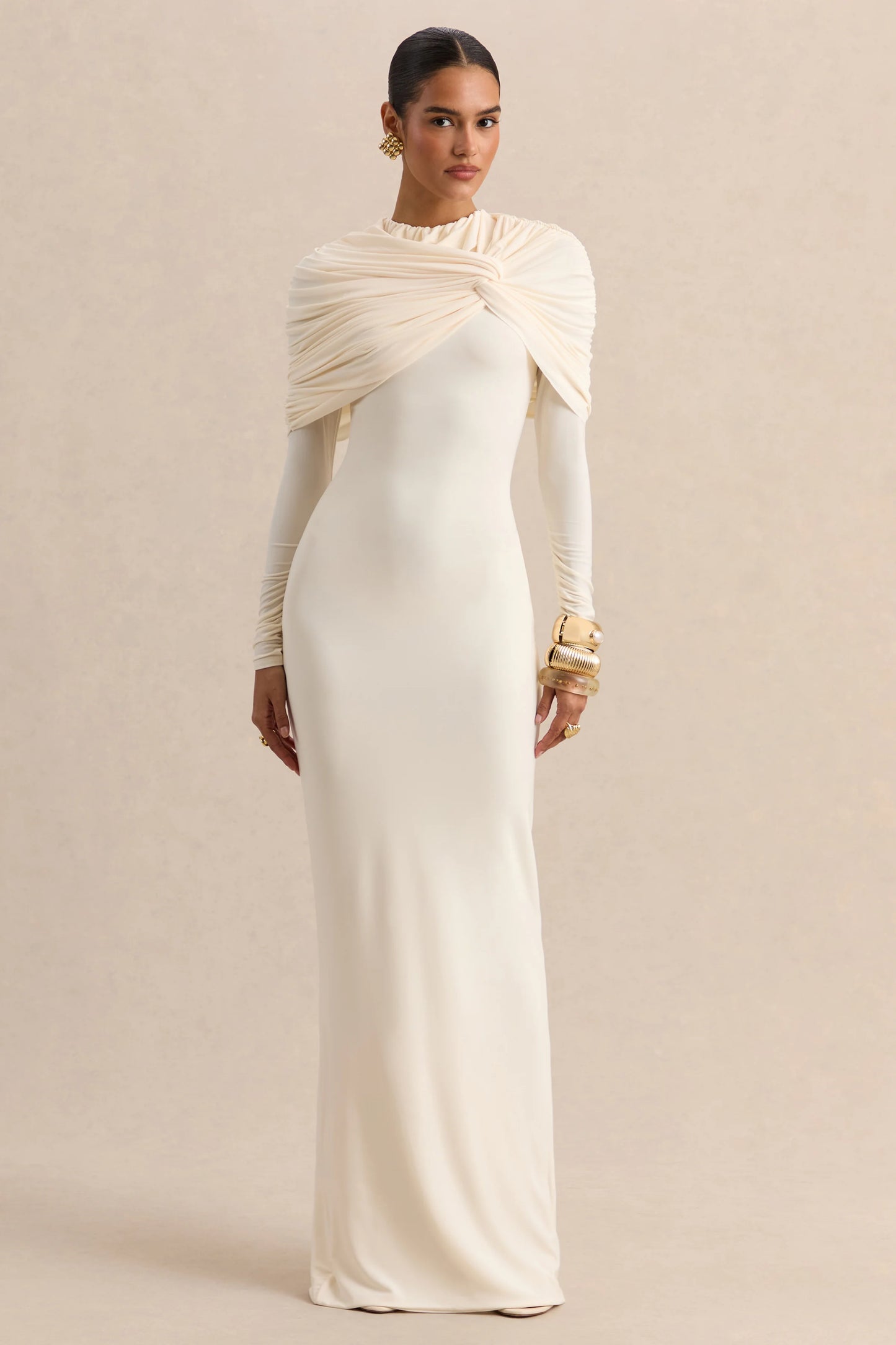 Evessa Cream Crew-Neck Maxi Dress With Gathered-Detailing