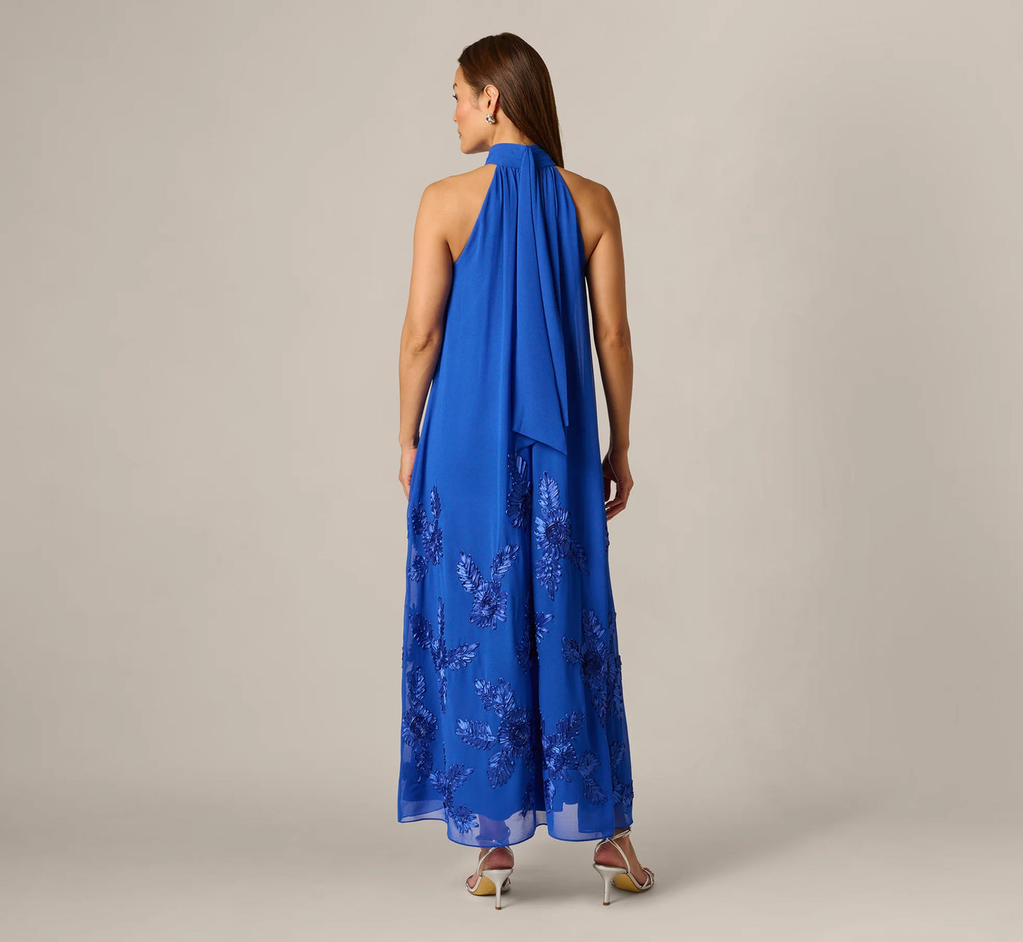 Georgette Soutache Embroidery Trapeze Halter Dress In Brilliant Sapphire