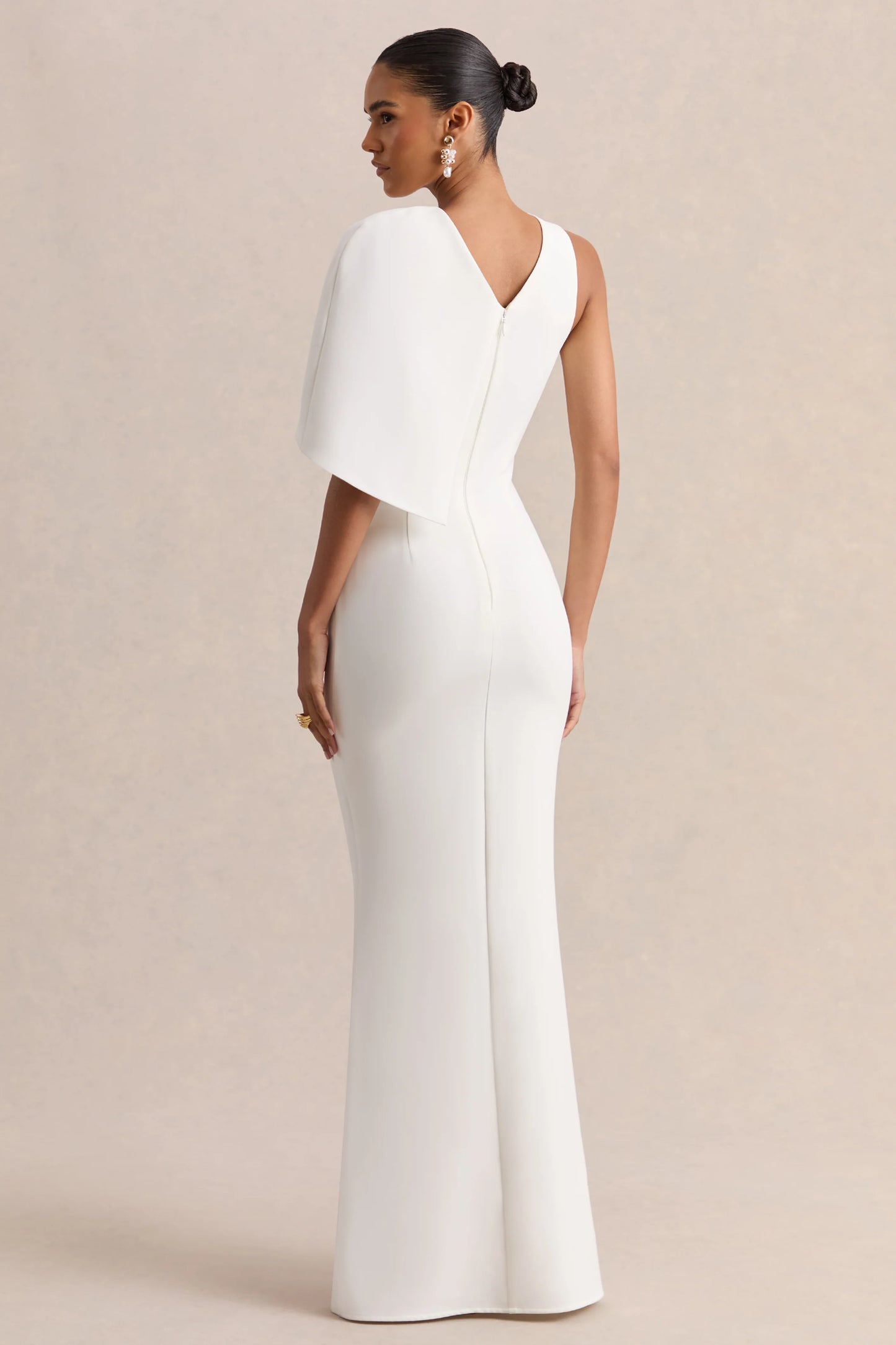 Quira White Asymmetric-Neck Maxi Dress With Cape-Sleeve