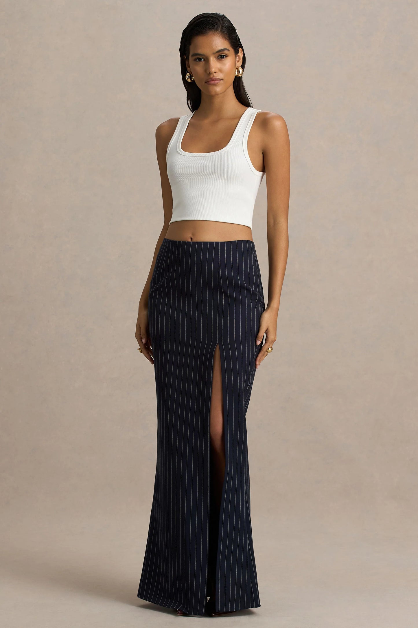 Elana Navy Pinstripe Maxi Skirt With Front-High Split