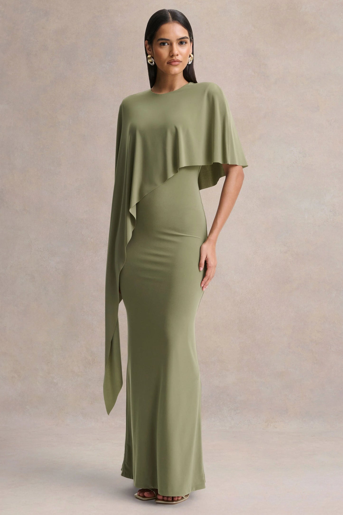 Ravena Olive Crew-Neck Maxi Dress With Asymmetric-Cape Sleeve