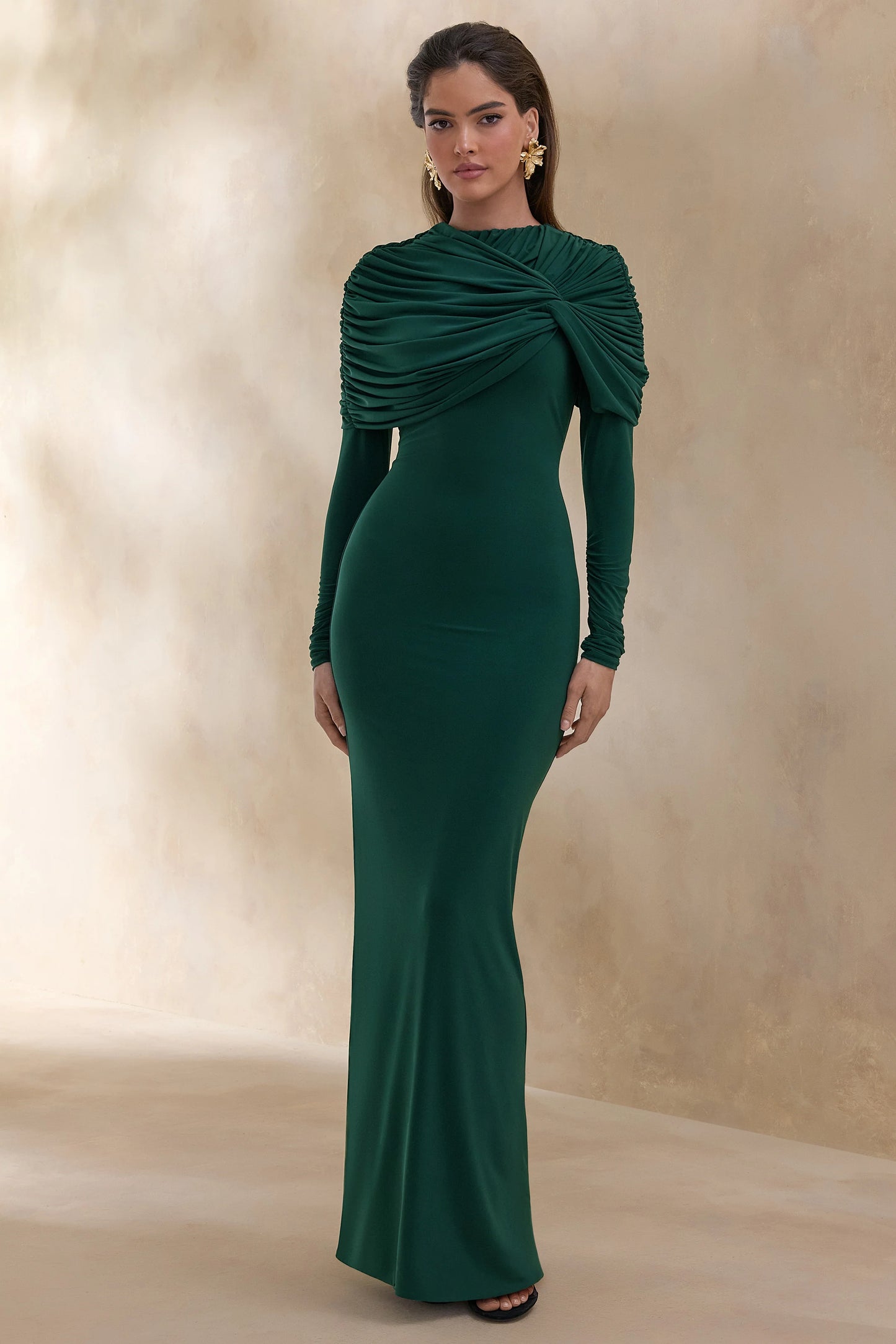 Evessa Dark Green High-Neck Maxi Dress With Gathered-Detailing