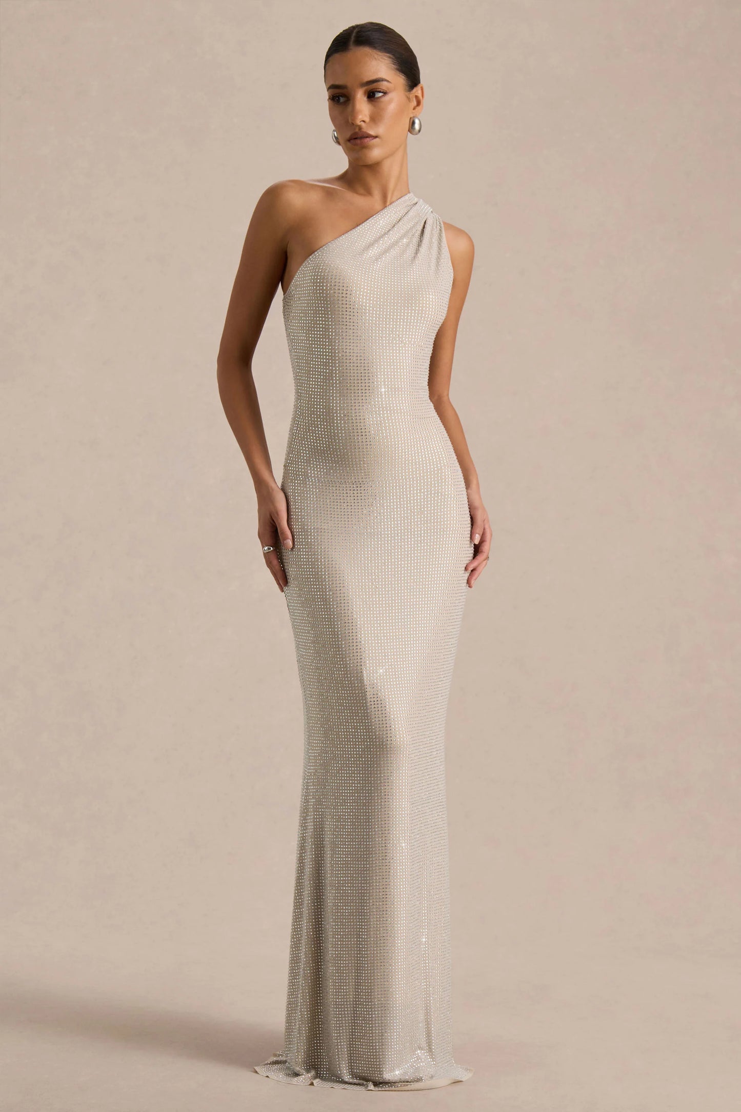 Deity Silver Asymmetric-Neck Maxi Dress With Open-Back