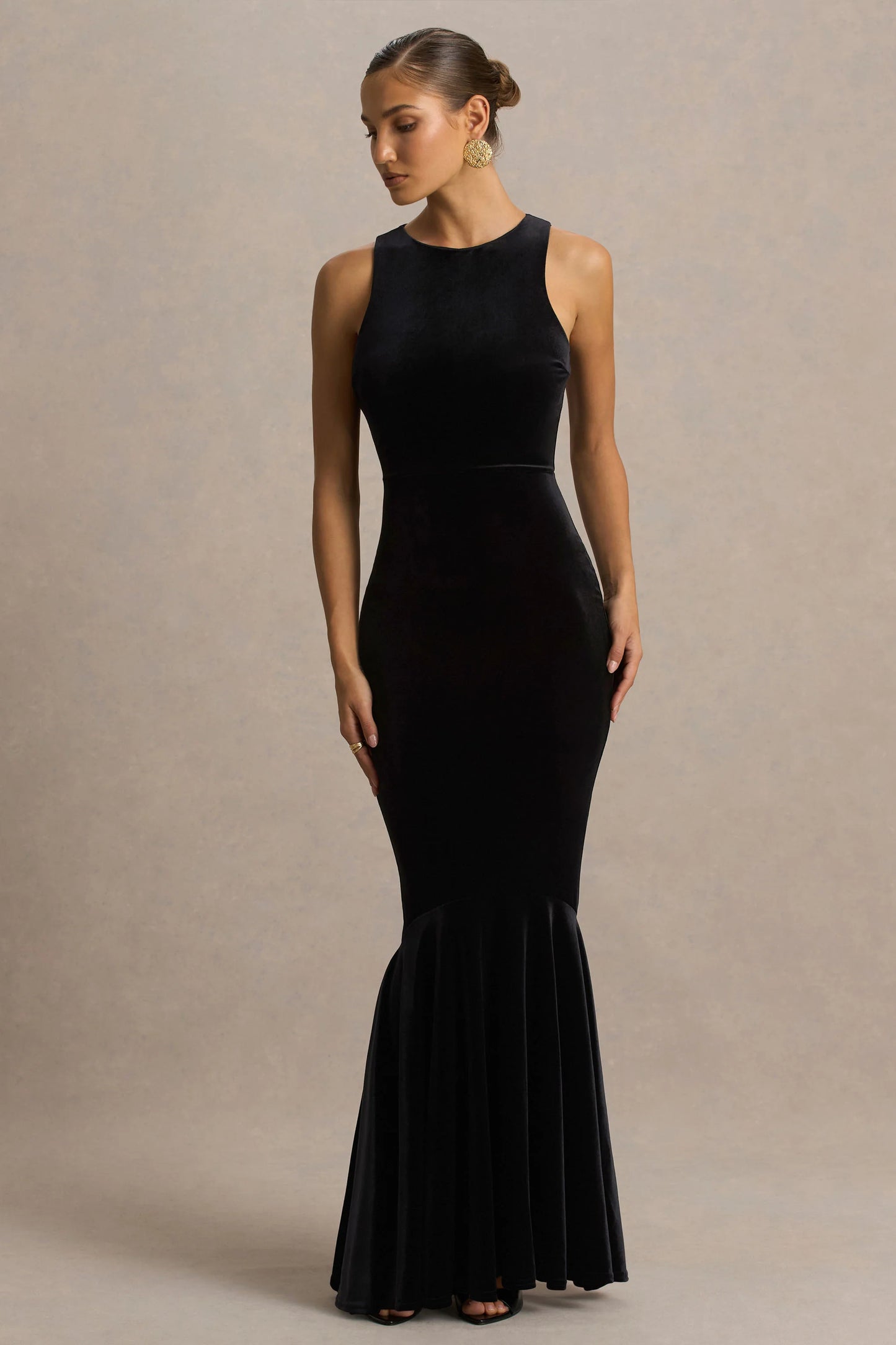 Pippa Black Velvet Crew-Neck Mermaid Maxi Dress