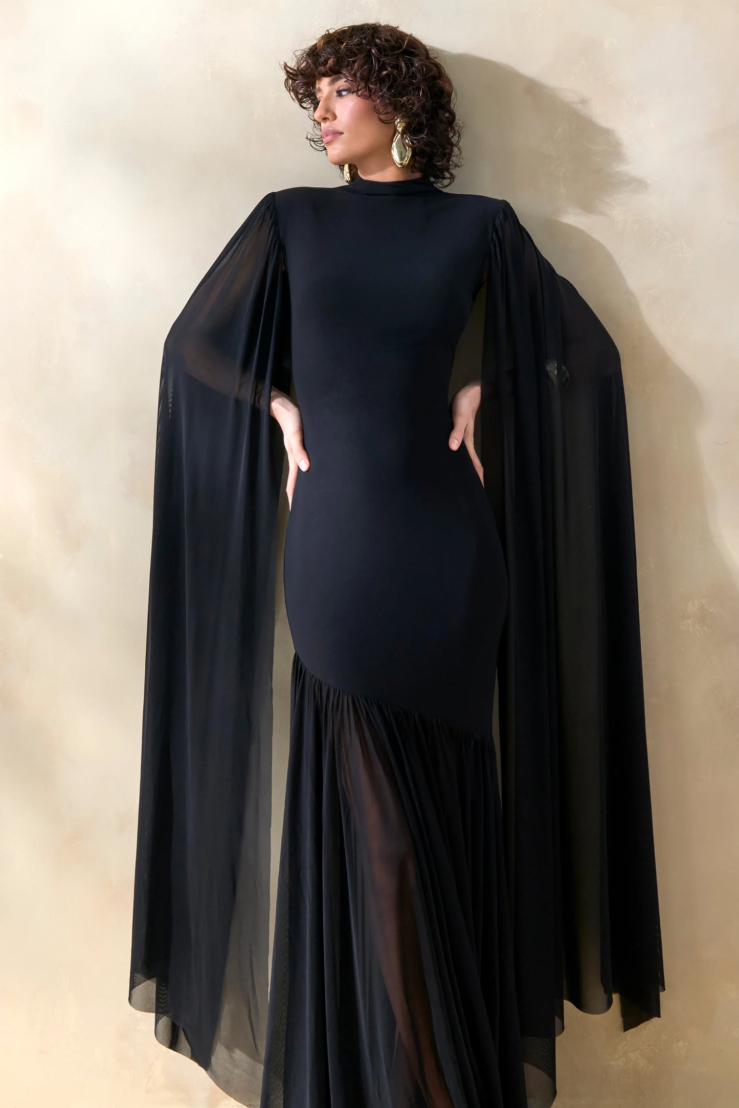 Chantelle Black High-Neck Maxi Dress With Drop-Waist And Cape-Sleeves