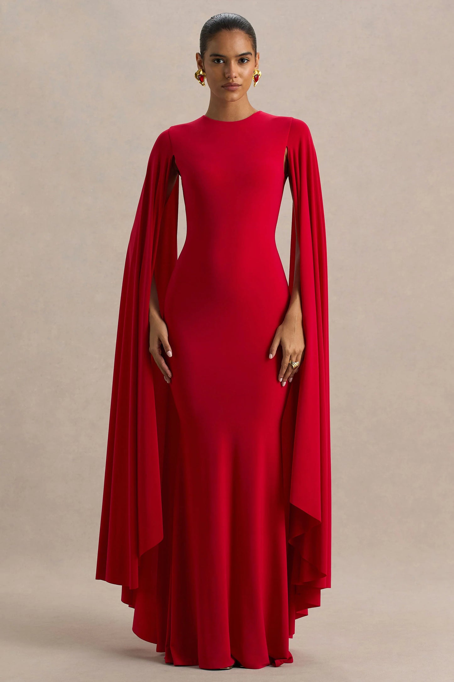 Briony Red Crew-Neck Maxi Dress With Cape Sleeves