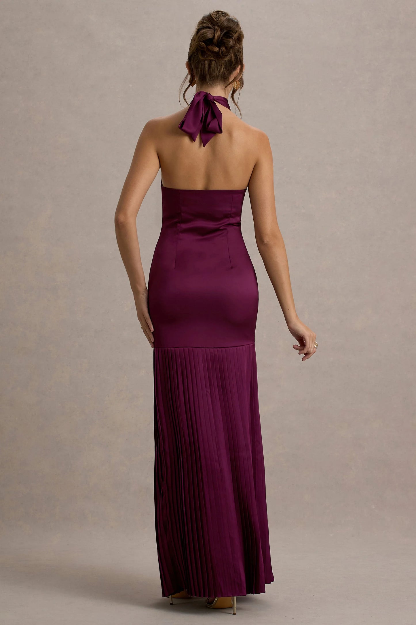 Sansa Burgundy Satin Cross Halter-Neck Plisse Maxi Dress