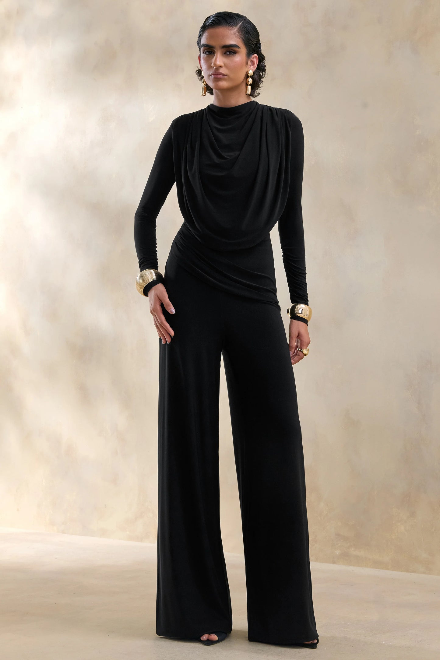 Raniella Black High-Neck Top With Gathered And Draped-Detailing