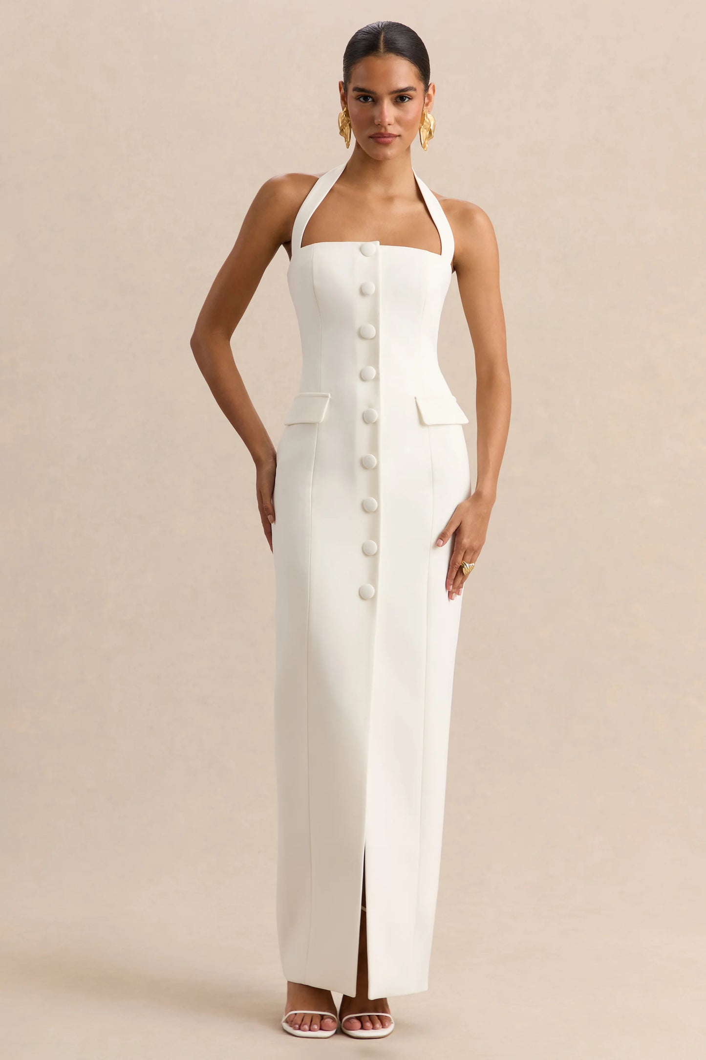 Steph White Halter-Neck Tailored Maxi Dress