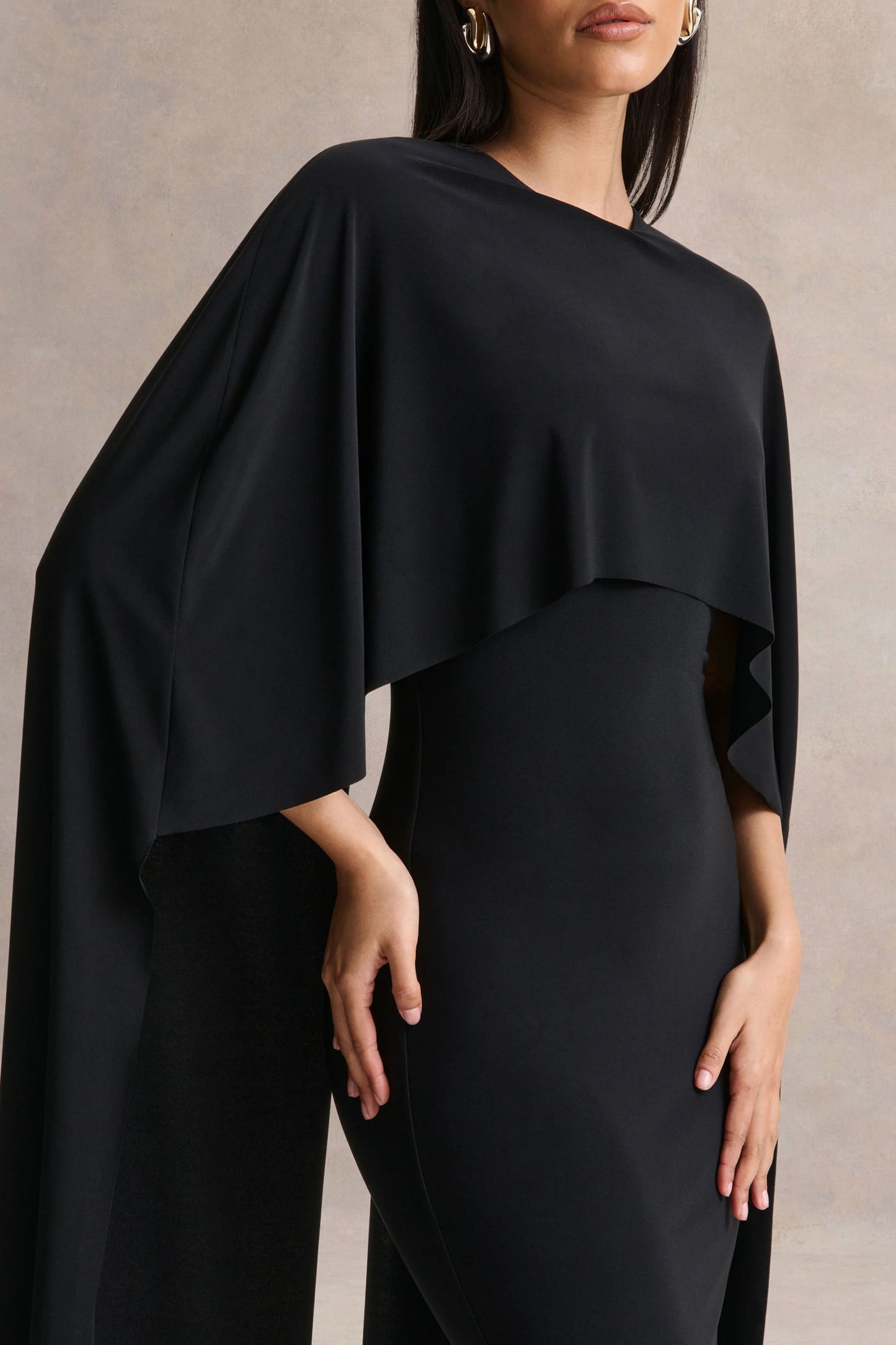Kalani Black Crew-Neck Midi Dress With Cape-Sleeves