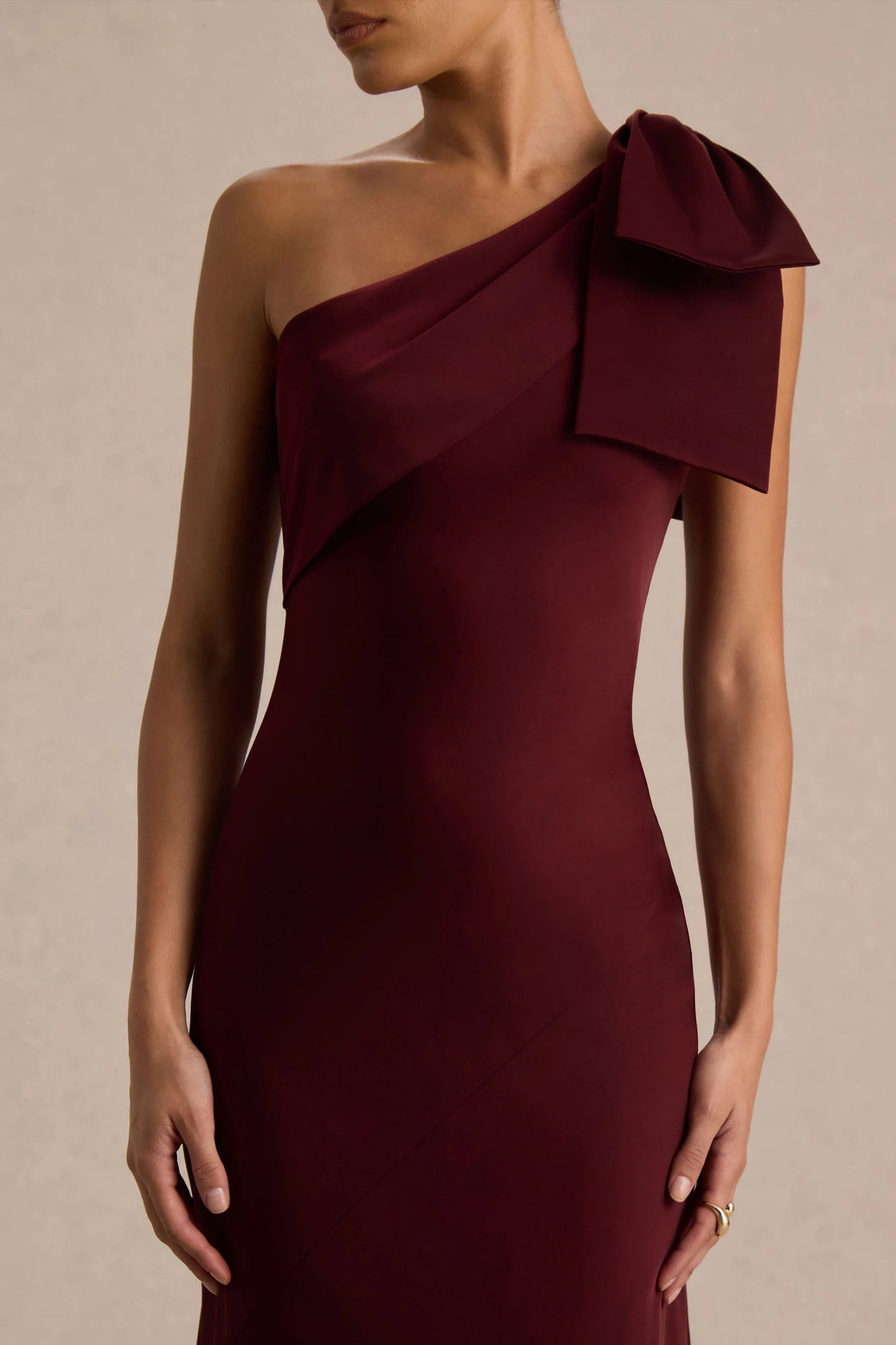 Josephine Burgundy Matte Satin Asymmetric-Neck Maxi Dress With Bow Detail