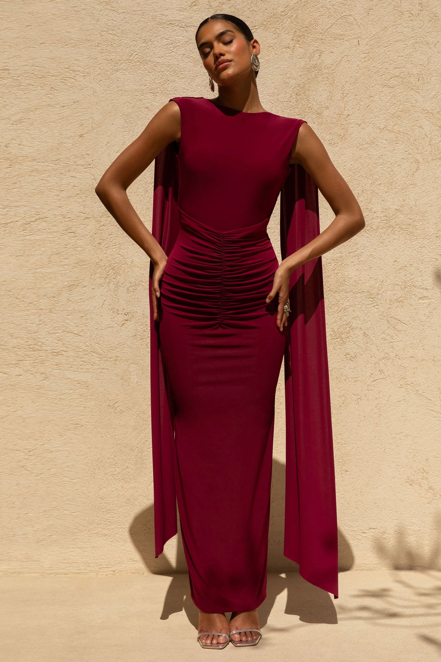 Saige Burgundy Cap-Sleeve Gathered Maxi Dress