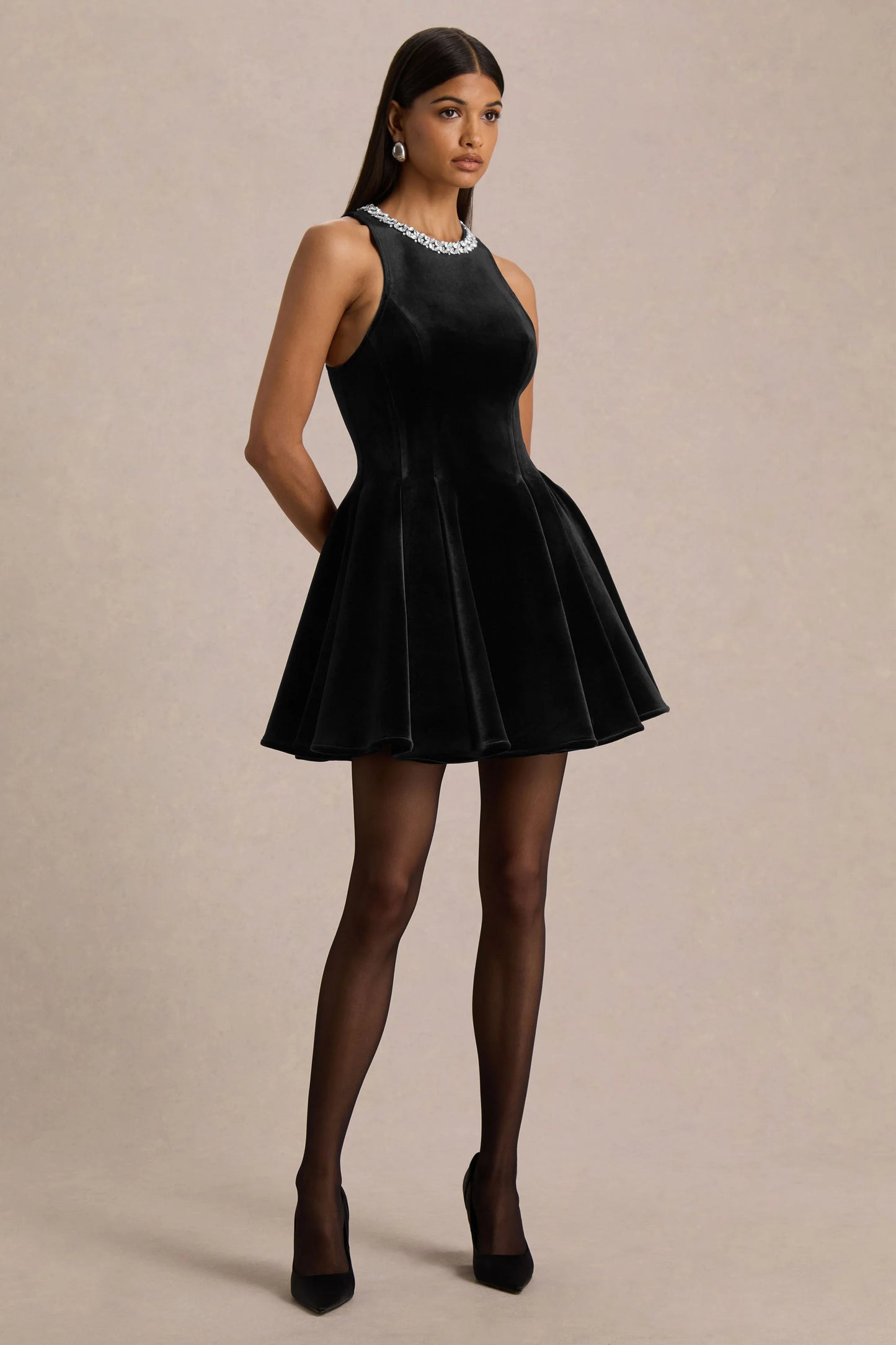 Meva Black Velvet Hand-Embellished High-Neck Mini Dress