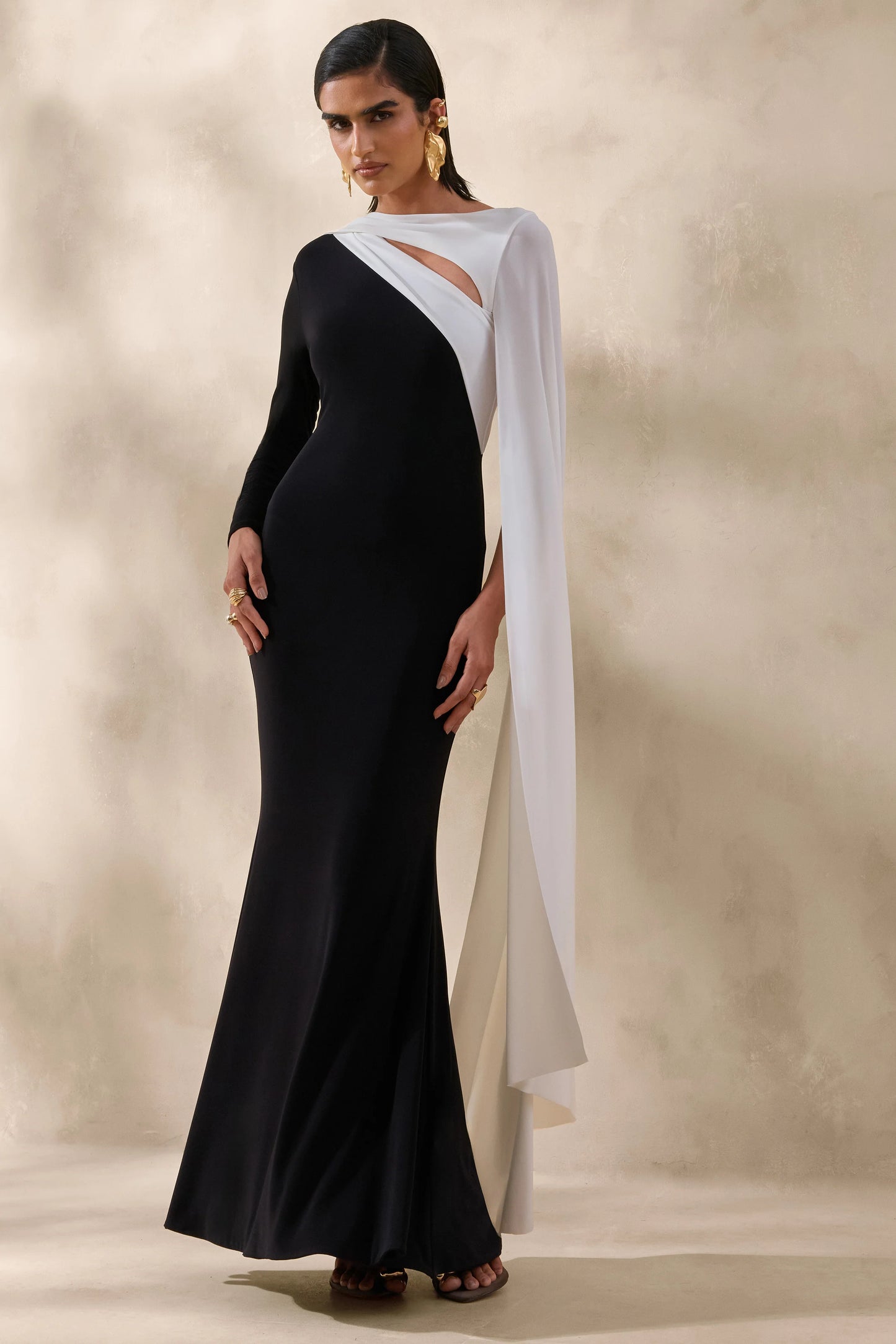 Dabria Black And White Asymmetric-Neck Maxi Dress With Cape-Sleeve