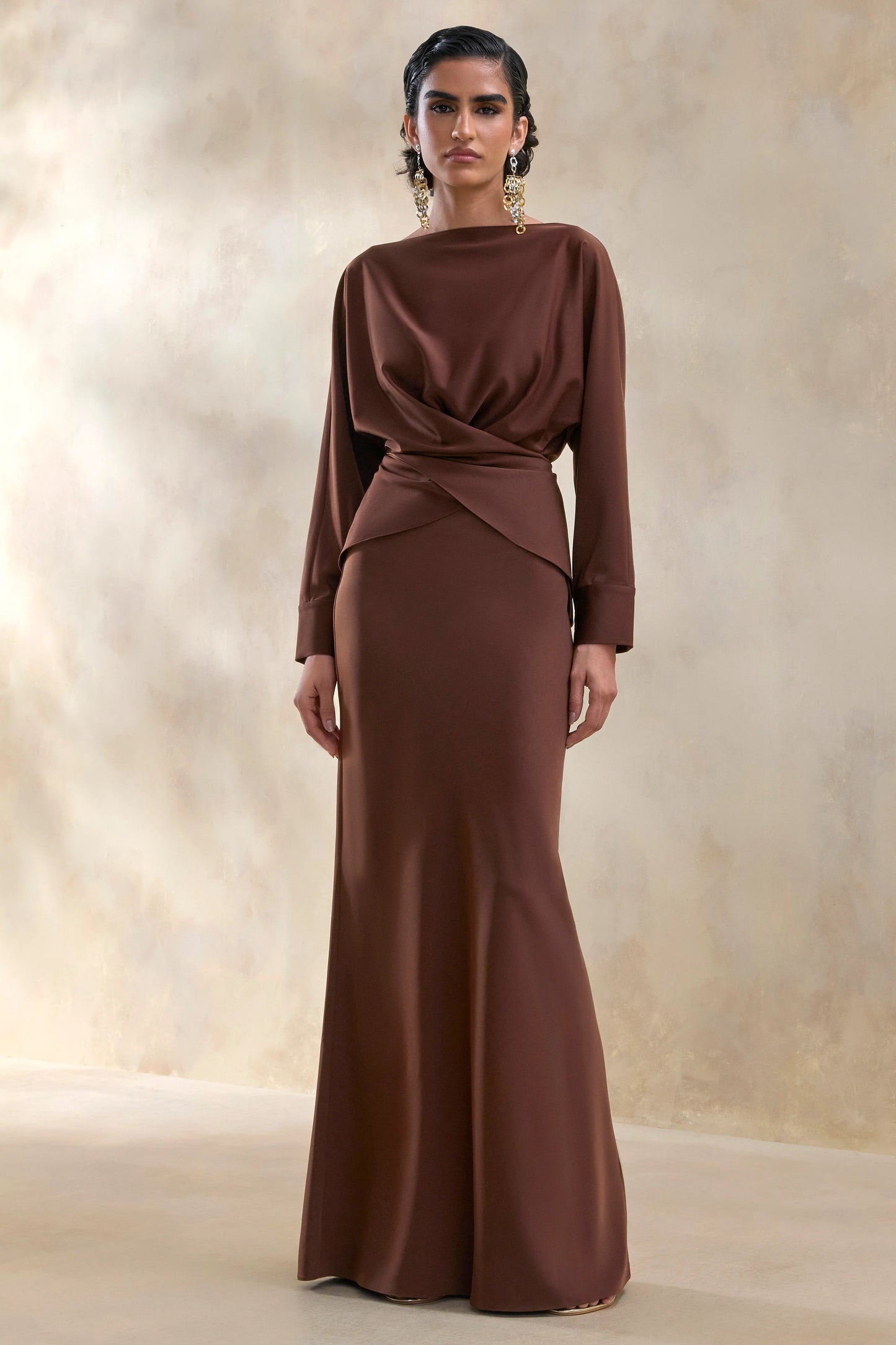 Elaria Brown Satin Maxi-Skirt