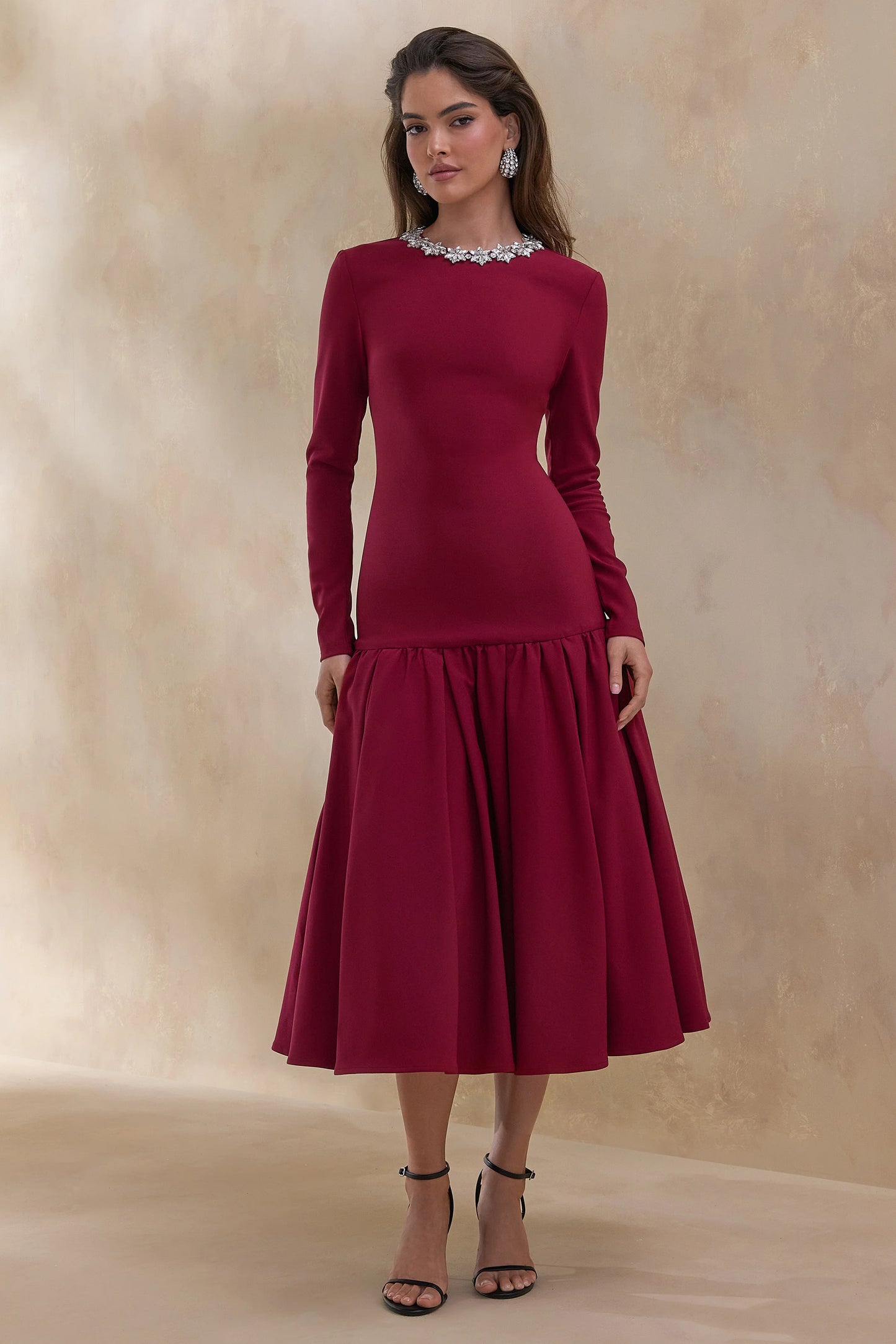 Jovana Burgundy Hand-Embellished Crew-Neck Midi Dress With Drop Waist