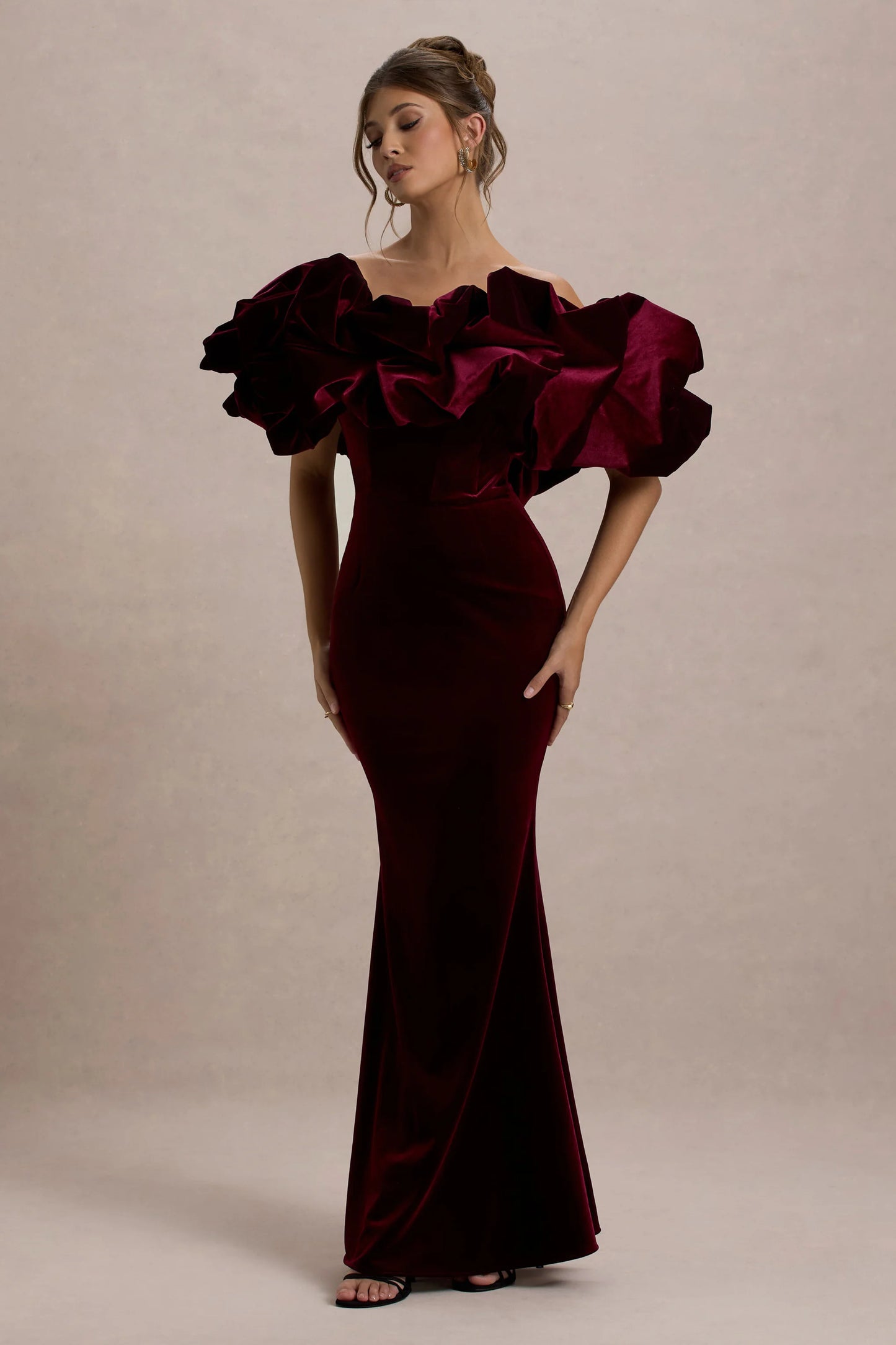 Cecily Port Velvet Bardot Maxi Dress With Velvet Ruffle Trim