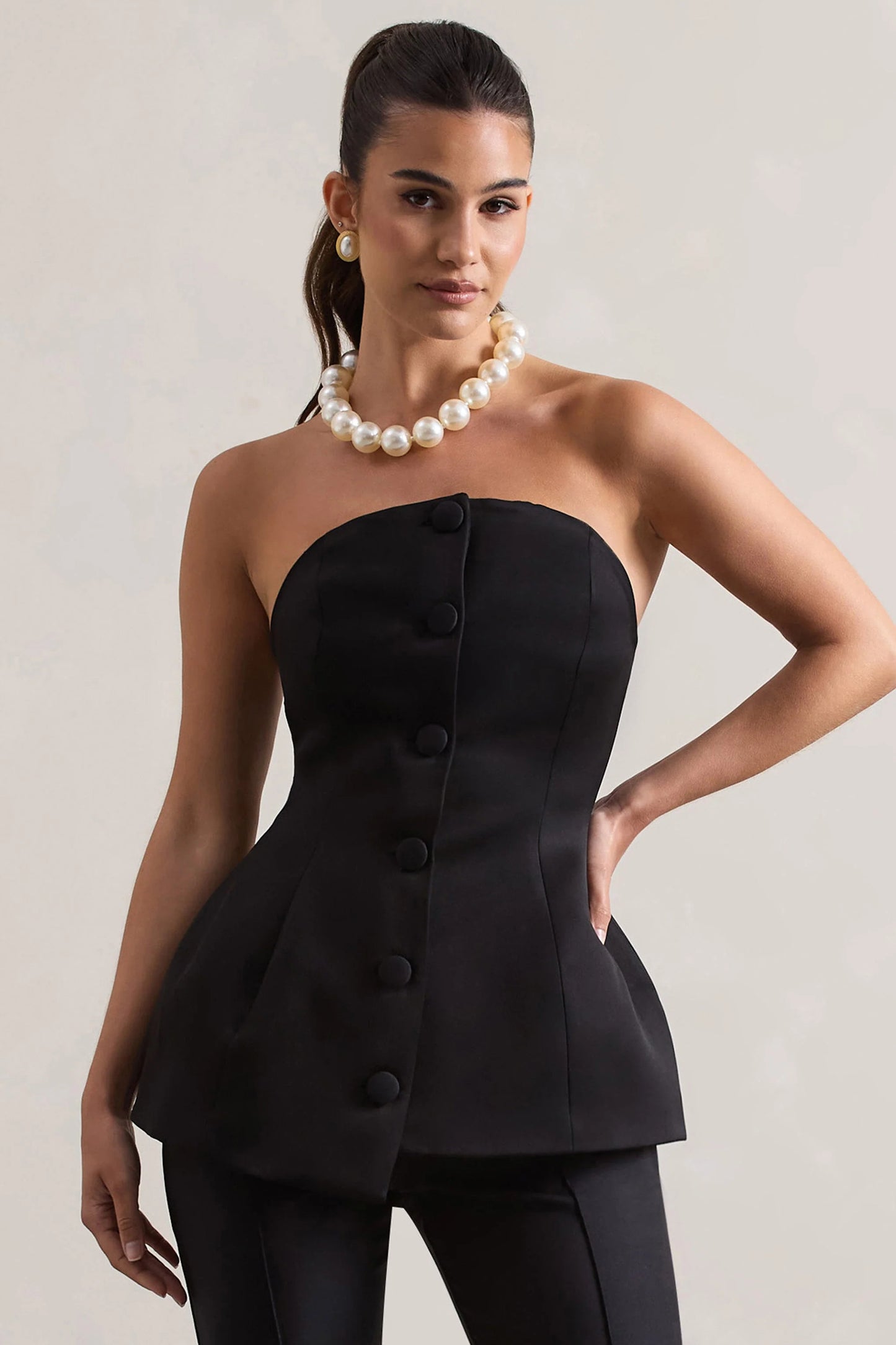 Century Black Satin Strapless Button Front Corset Top