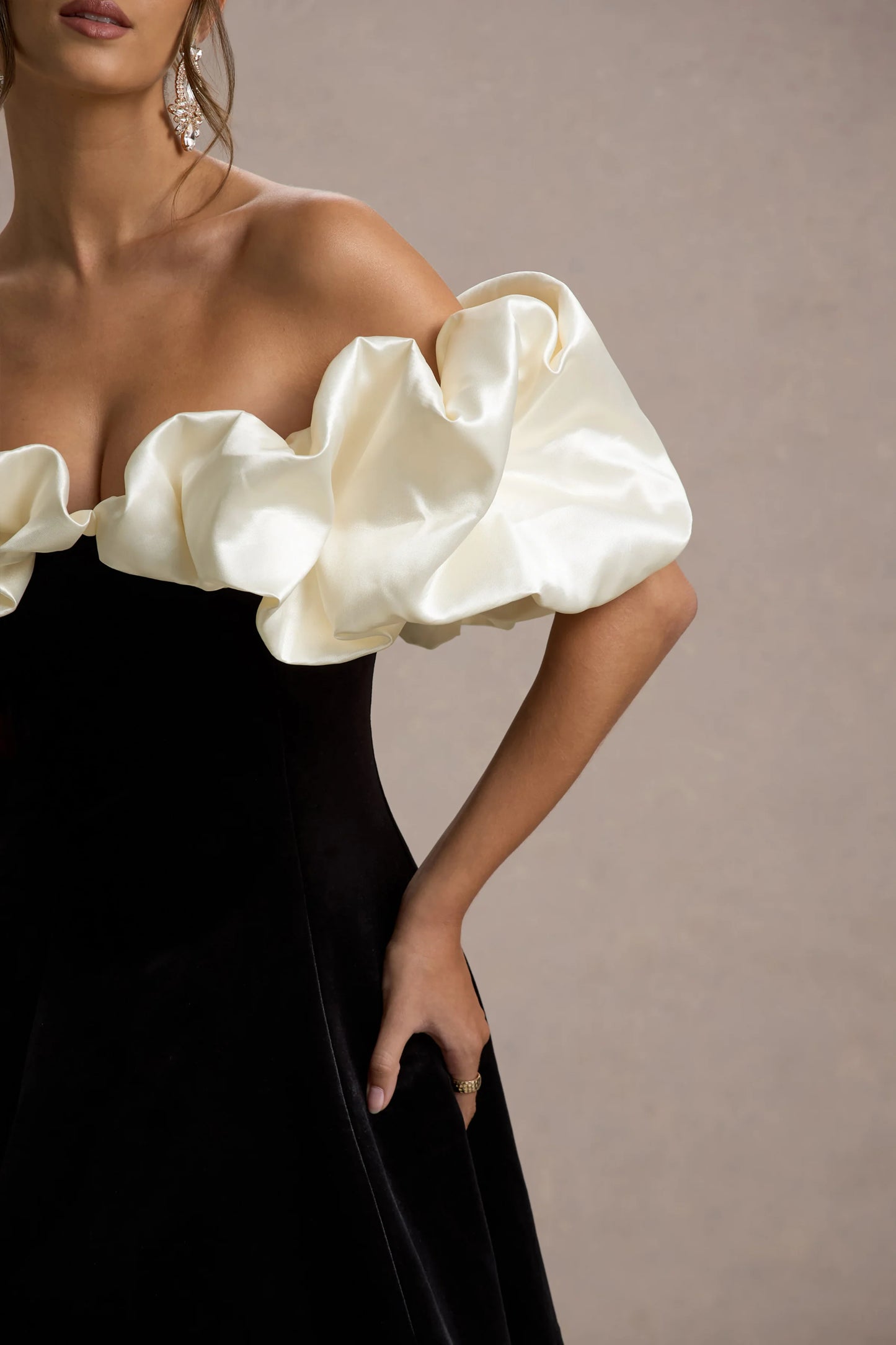 Brynne Black & Cream Velvet Mini Dress With Satin Puff Sleeves