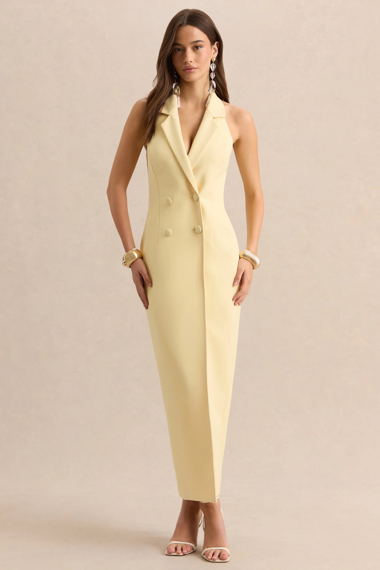 Hana Lemon Plunge-Neck Tailored Maxi Dress